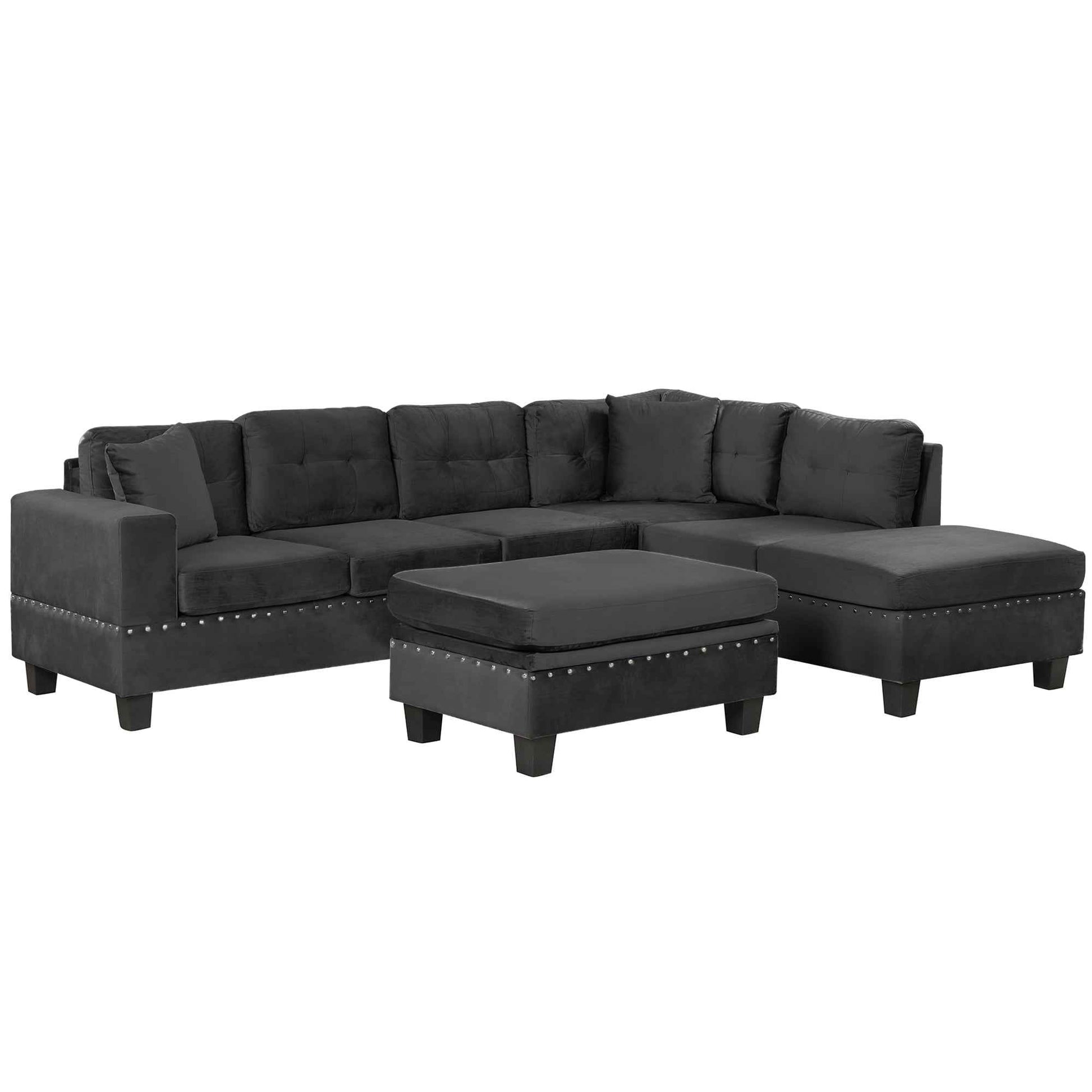 Modern Sectional Sofa with Storage Ottoman, L-Shape Couch with 2 Pillows and Cup Holders, Black Velvet, 105'