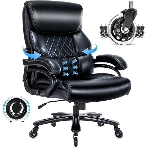 Big and Tall Office Chair 500 LBS-Executive Office Chair for Heavy People-Heavy Duty Office Chair with Sturdy Rollerblade Wheels-Desk Chair with Adjustable Lumbar Support Black Leather Chair