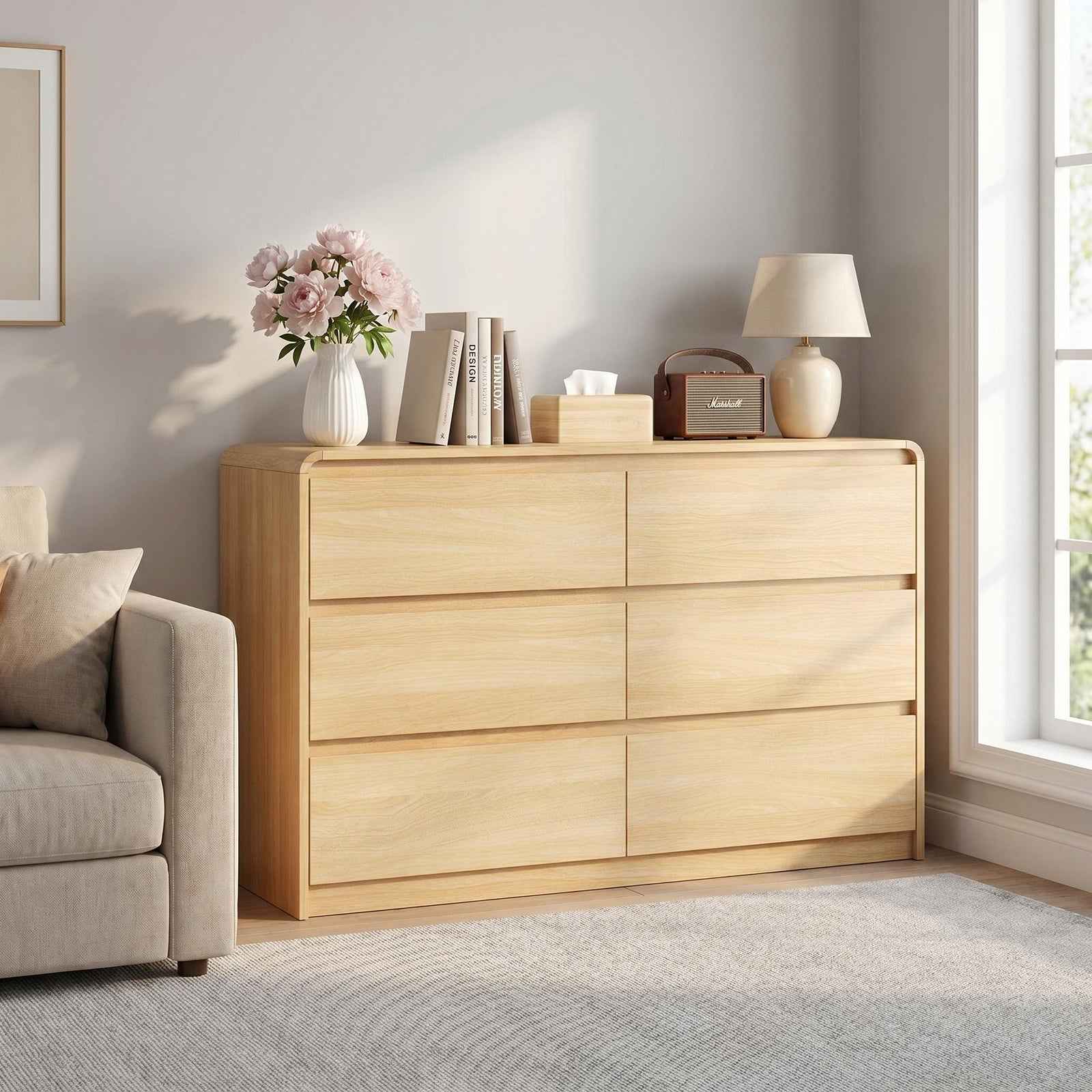 6 Dresser for Bedroom, Modern 6 Drawer Dresser with Spacious Countertop, Wood Storage Cabinet with Concealed Handles & Rounded Corner Design, Wood Dressers for Bedroom,Living Room, Wood