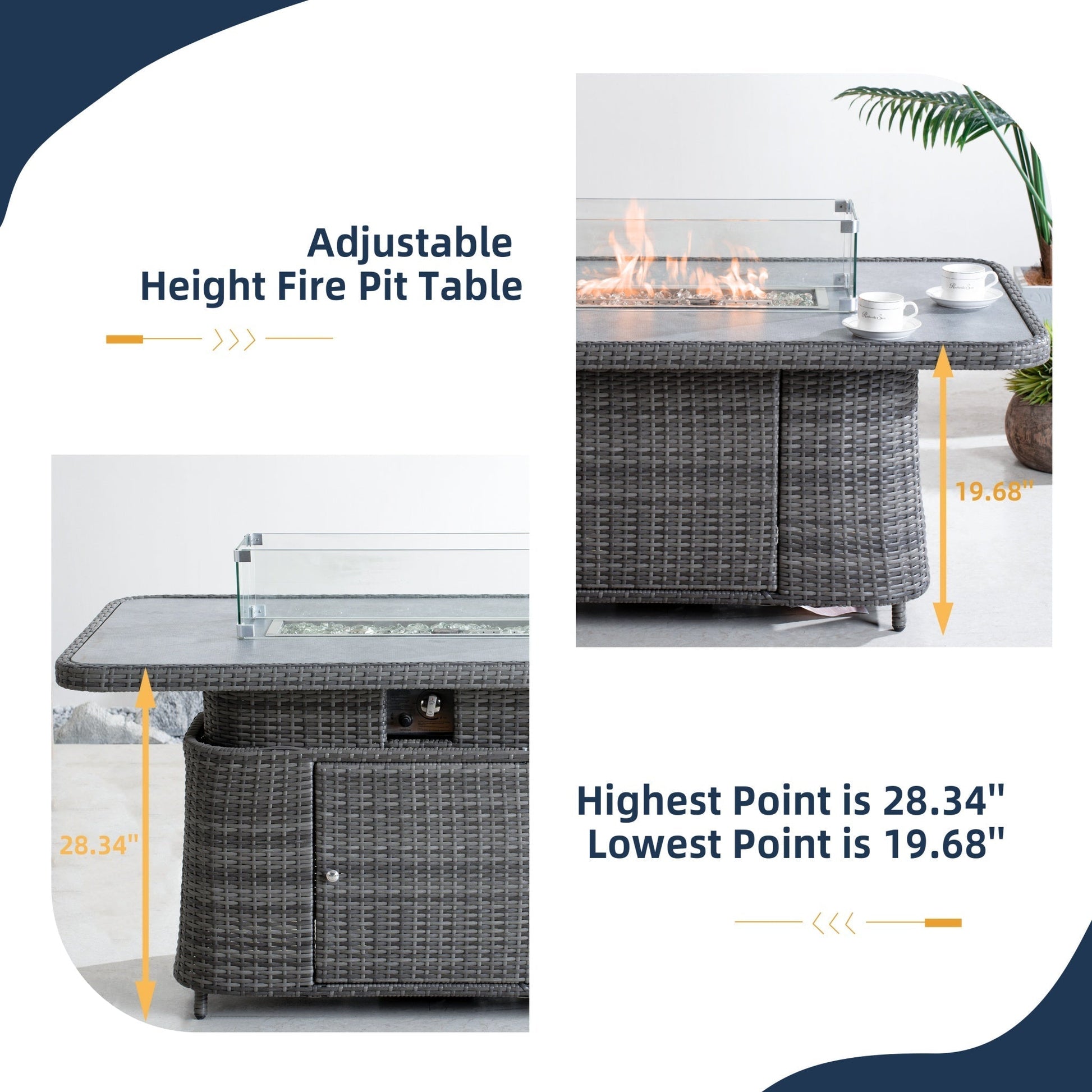 Aluminum Adjustable Fire Pit Table with Tempered Glass Top (PAG - 2403RT) - Direct Wicker
