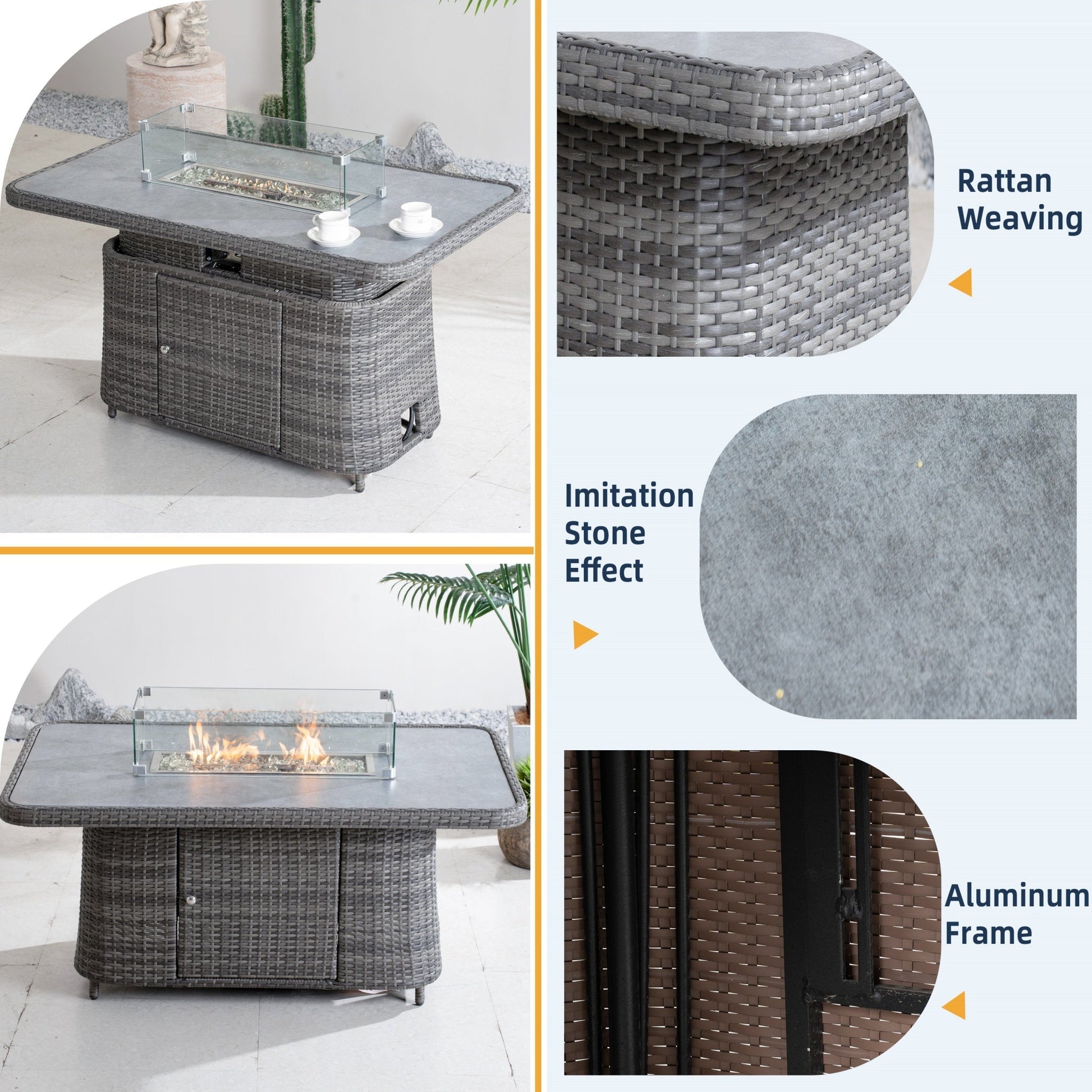 Aluminum Adjustable Fire Pit Table with Tempered Glass Top (PAG - 2403RT) - Direct Wicker