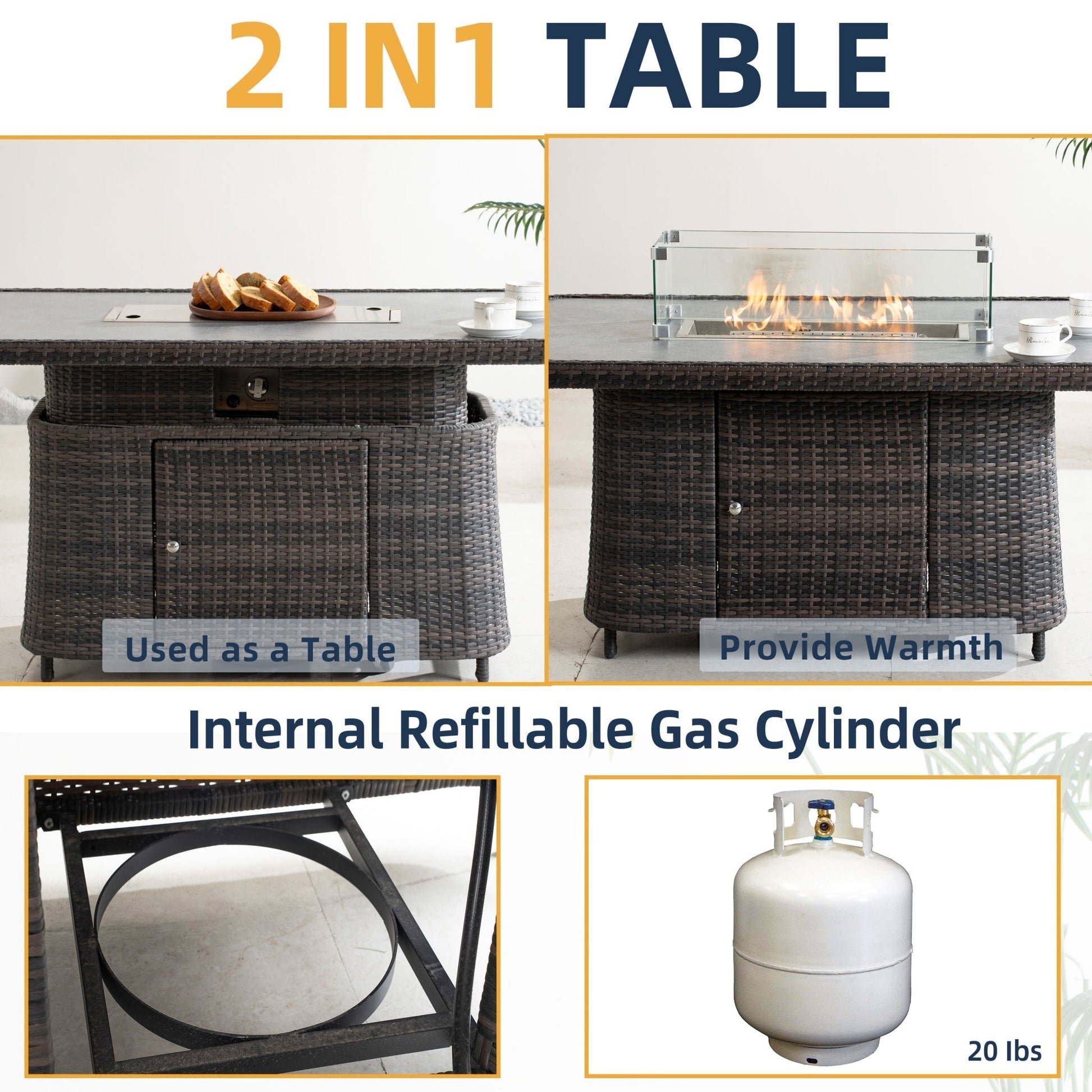 Aluminum Adjustable Fire Pit Table with Tempered Glass Top (PAG - 2403RT) - Direct Wicker