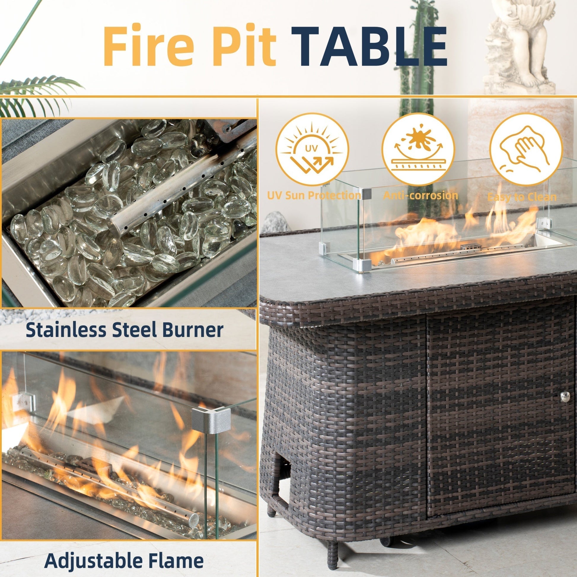 Aluminum Adjustable Fire Pit Table with Tempered Glass Top (PAG - 2403RT) - Direct Wicker