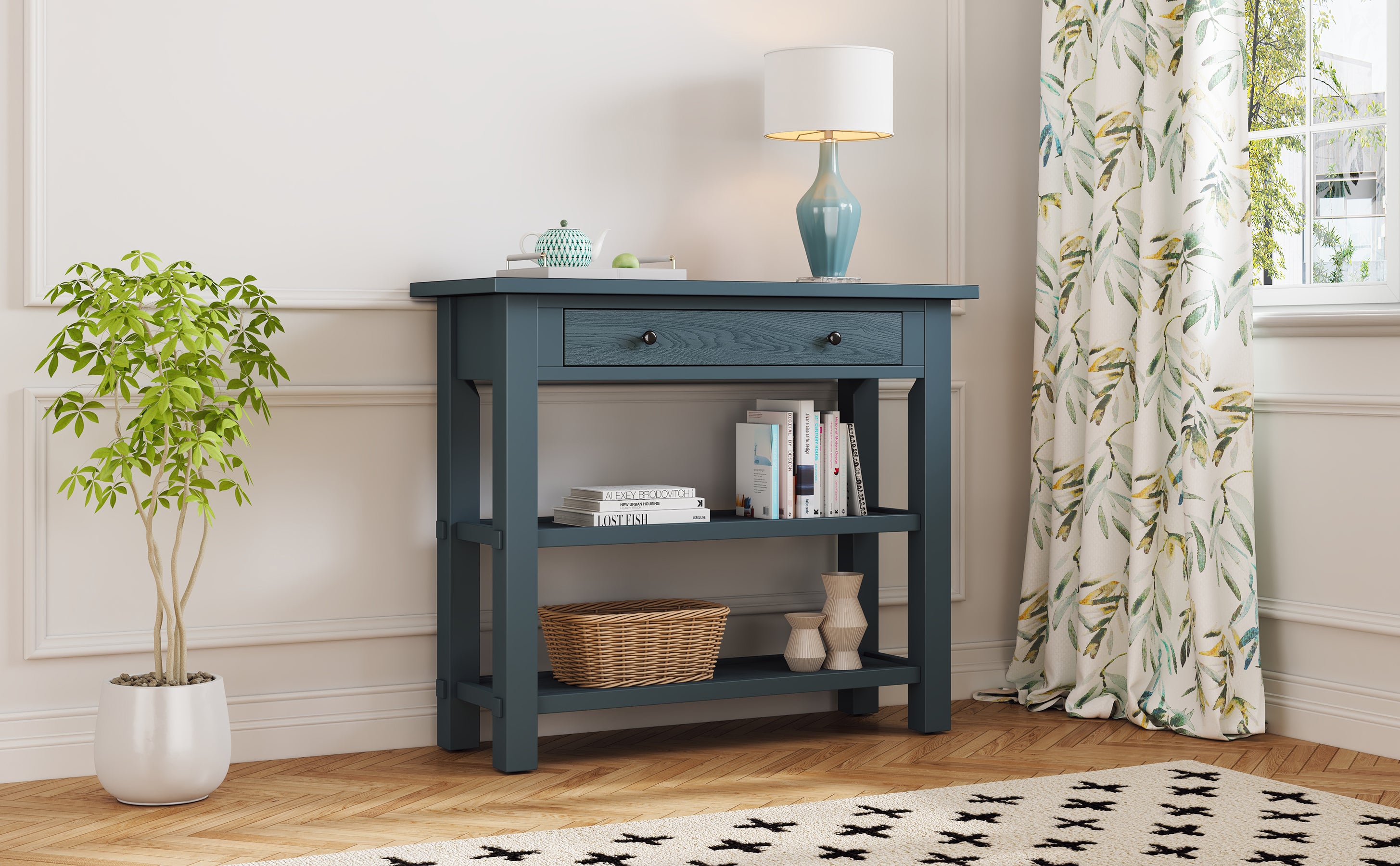 TREXM Retro Console Table with Drawer and Two Sturdy Shelves for Entryway, Living Room (Navy)