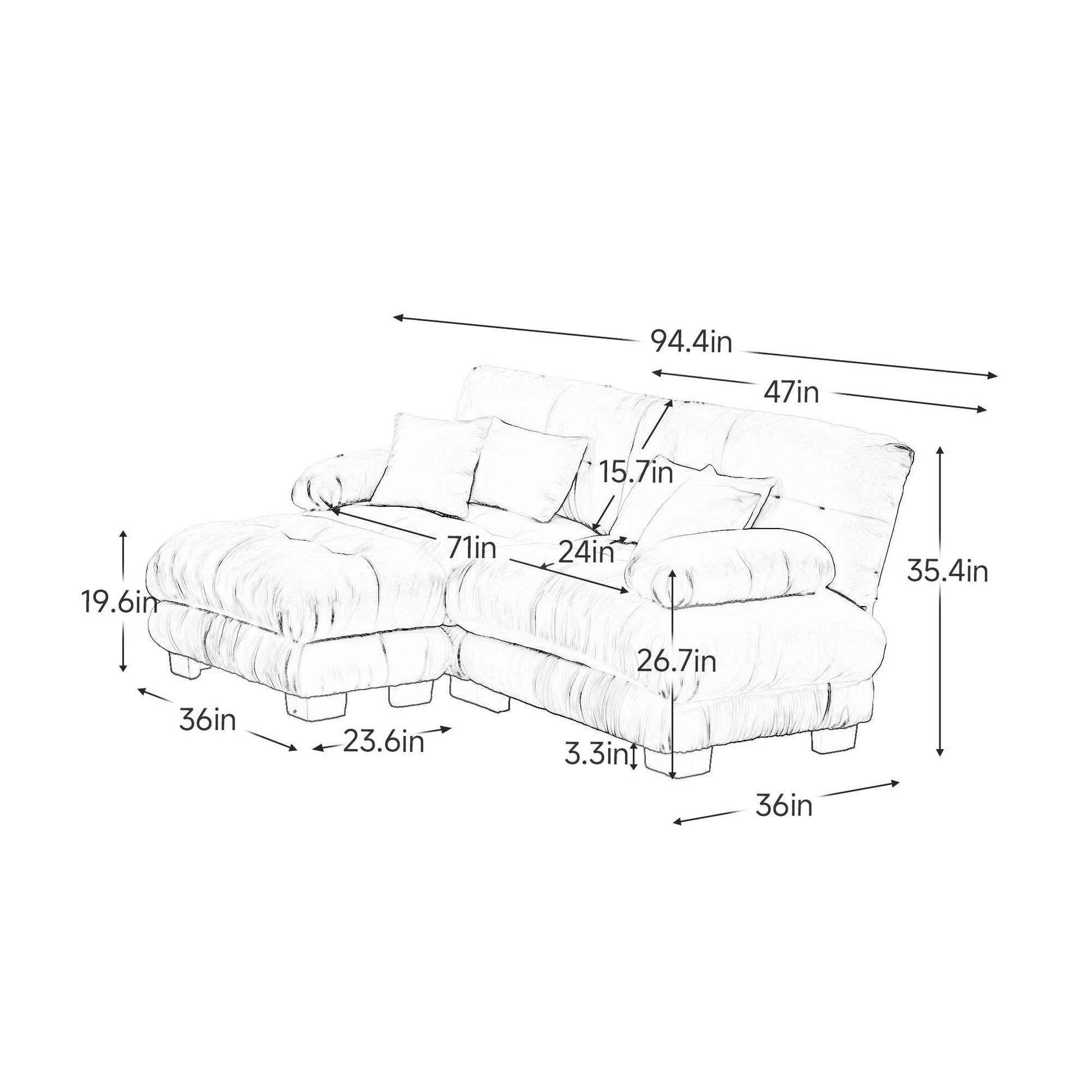 Cloud Couch Sectional Sofa for Living Room, Chenille 2 Seater Sofa with 2 Lumbar pillows and 2 throw pillows , Upholstered Wide Arm Sofa with Convertible Ottoman,Chenille White