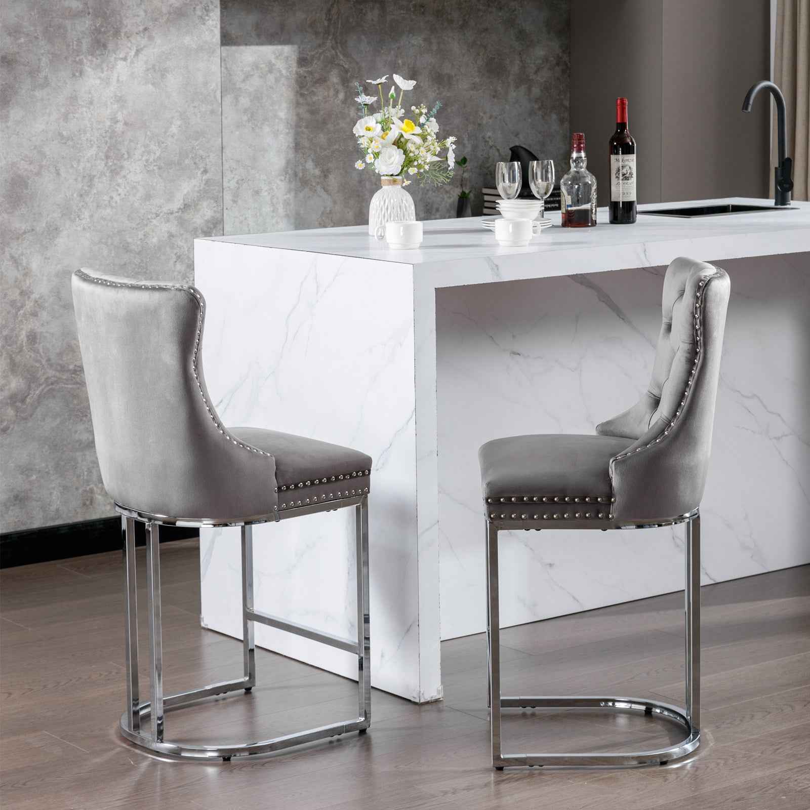 26' Counter Height Bar Stools Set of 2, Modern Velvet Barstools with Button Back&Rivet Trim Upholstered Kitchen Island Chairs with Sturdy Chromed Metal Base Legs Farmhouse Bar Stools, (Gray,2 Pack)