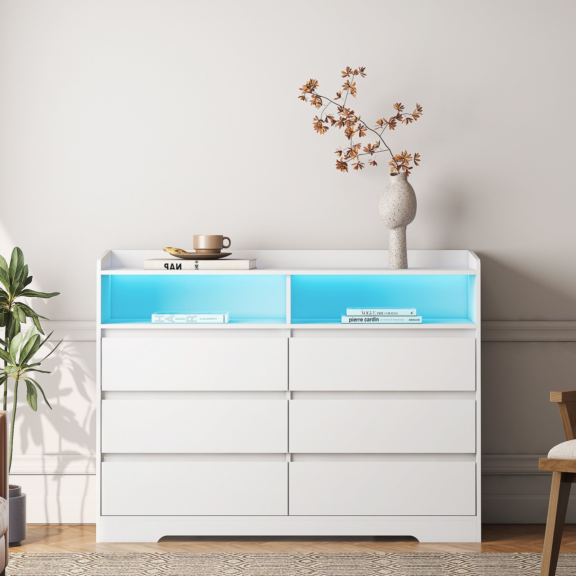 6 Drawer Dresser, White Dresser for Bedroom with LED Lights, Modern Dressers & Chests of Drawers with Sturdy Frame for Living Room, Entryway, Hallway - Abrihome