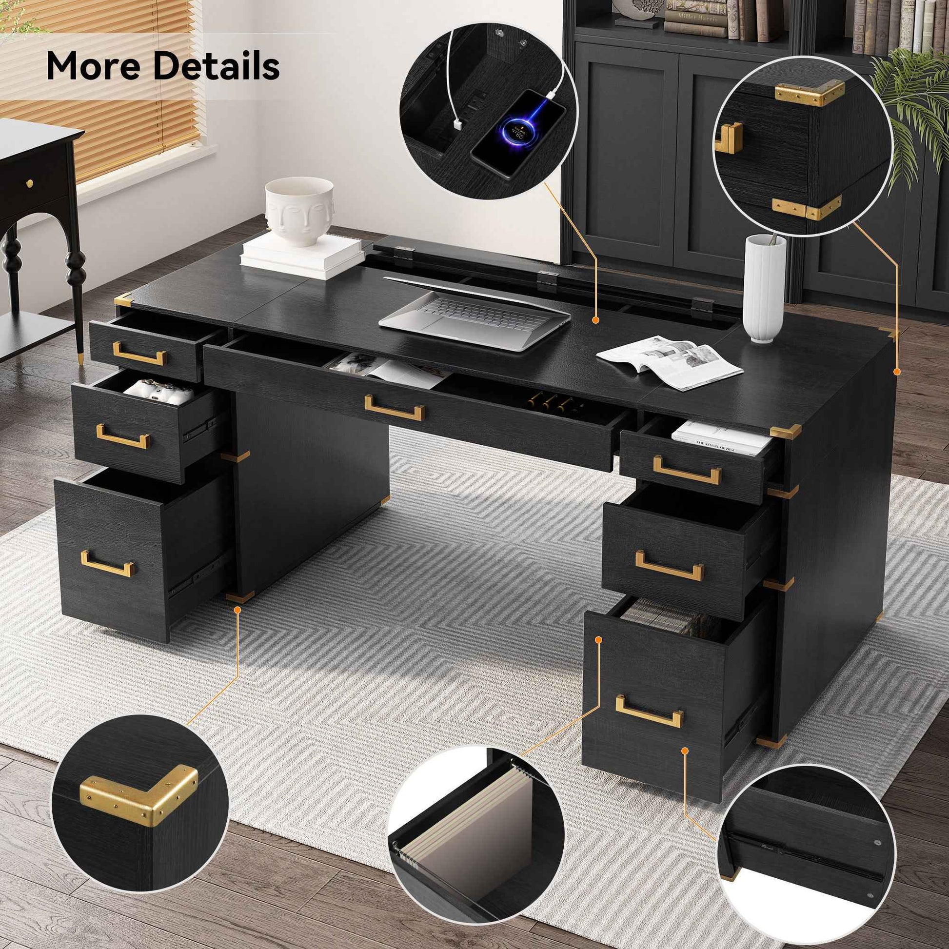 70' Extra-Large Classic and Traditional Executive Desk with Metal Edge Trim ,Writing Desk with 2 file drawers,USB Ports and Outlets,Desk with Hidden Compartment for Living Room,Home Office,Study Room,