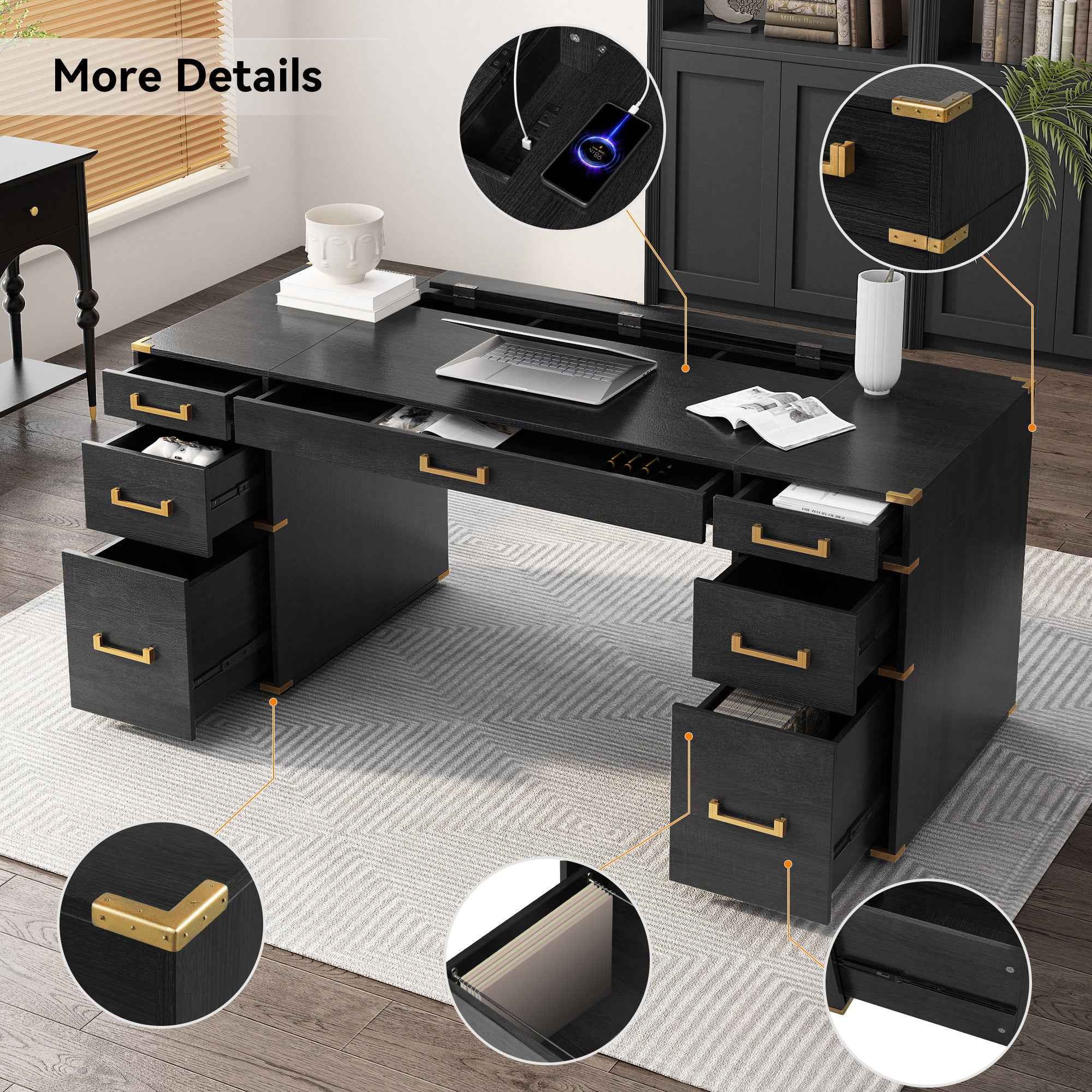70' Extra-Large Classic and Traditional Executive Desk with Metal Edge Trim ,Writing Desk with 2 file drawers,USB Ports and Outlets,Desk with Hidden Compartment for Living Room,Home Office,Study Room,