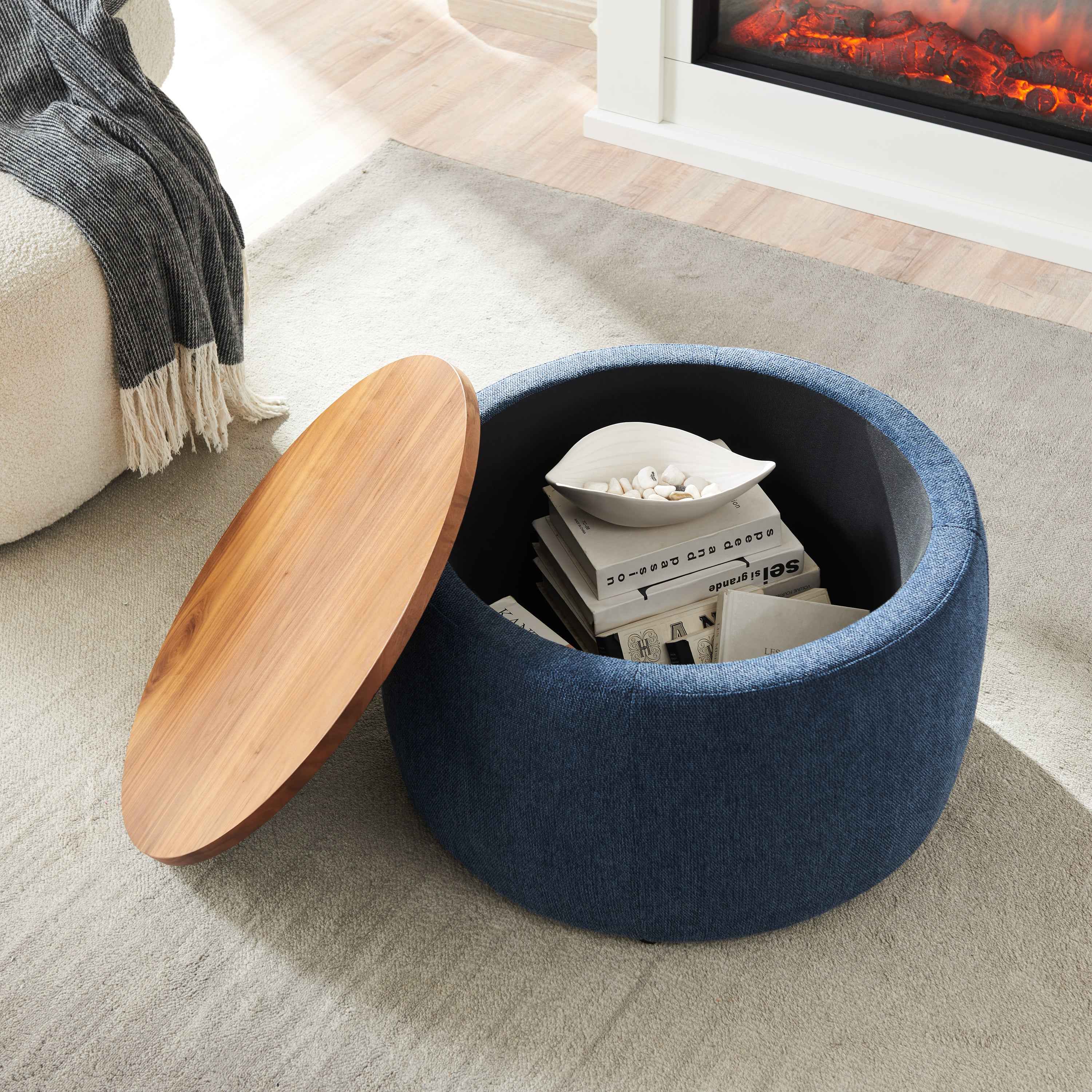 Round Storage Ottoman, 2 in 1 Function, Work as End table and Ottoman, Navy (25.5'x25.5'x14.5')