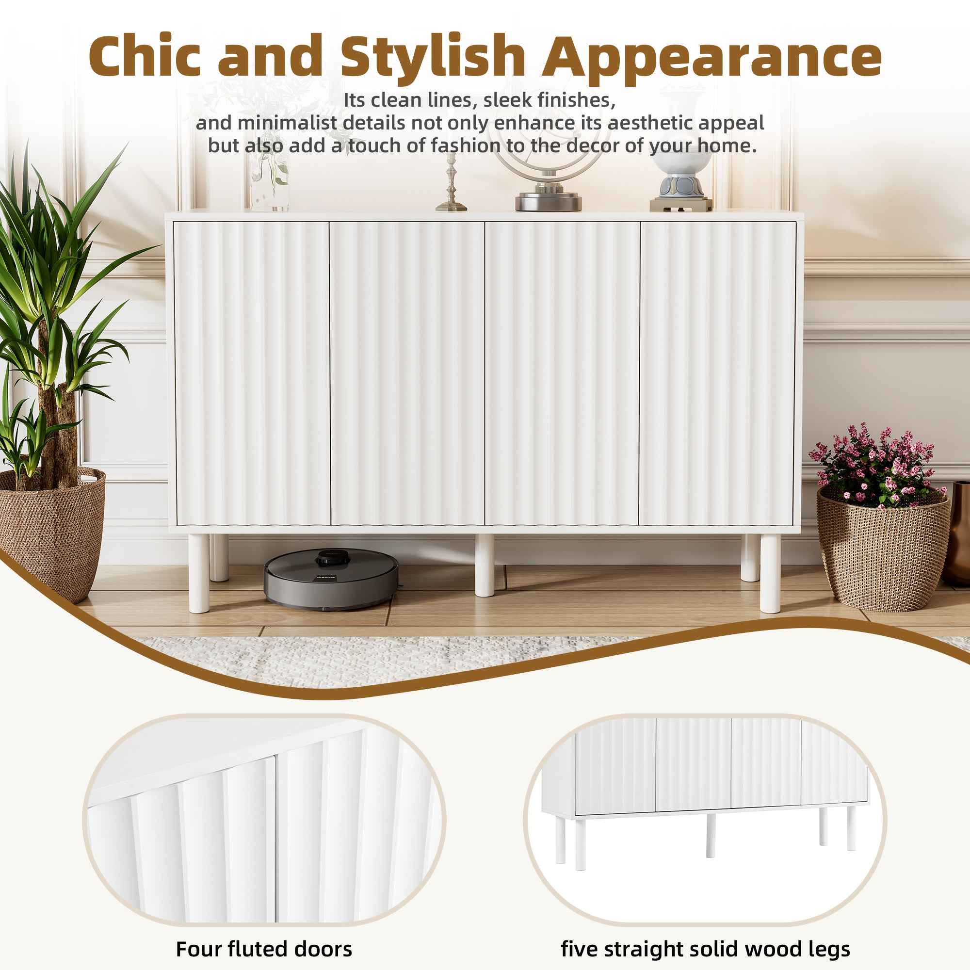 ON-TREND Minimalist Shoe Cabinet with 5 Solid Wood Legs, Cream Style Sideboard Buffet Cabinet with Fluted Doors, Large 4-Door Storage Cabinet with Adjustable Shelves for Living Room, White, 55.1*13.7'