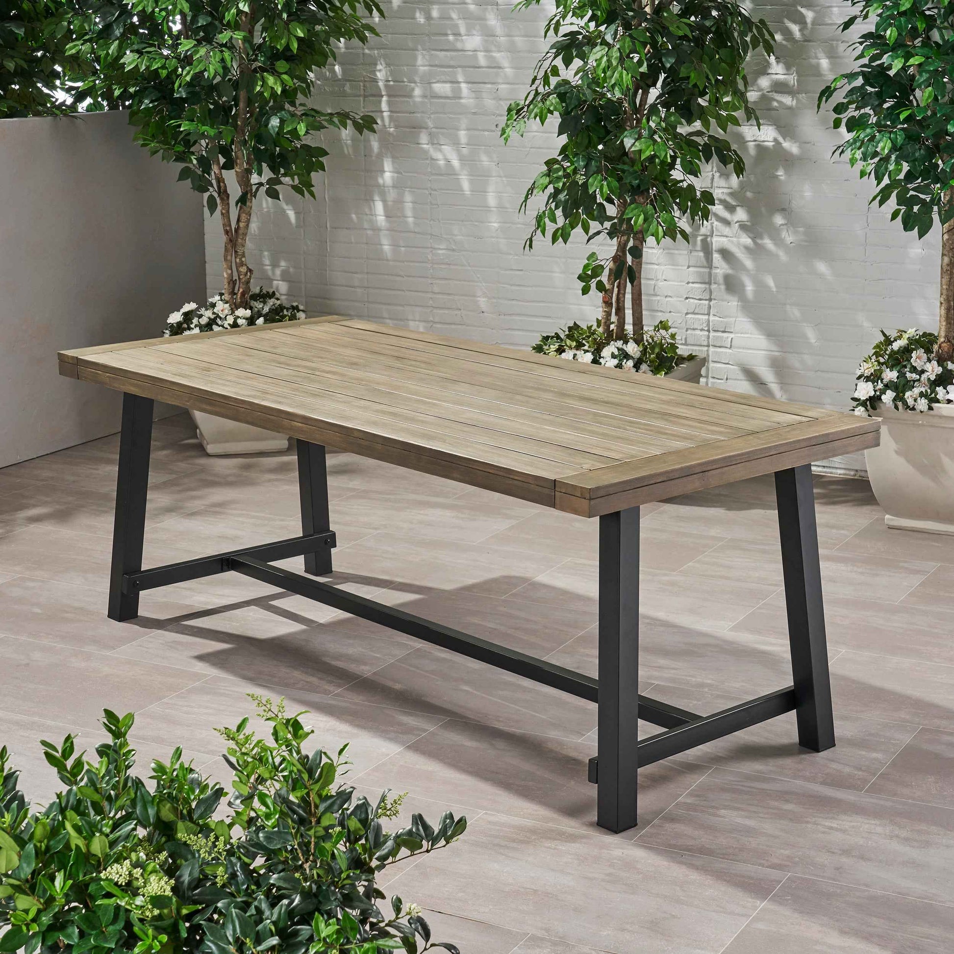 Modern Industrial Outdoor Acacia Wood Dining Table with Grey/Rustic Metal Frame