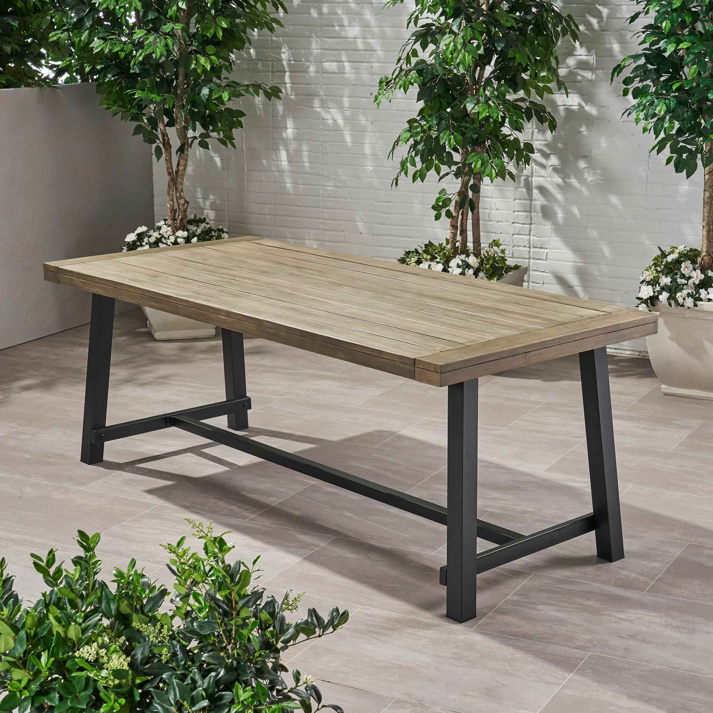 Modern Industrial Outdoor Acacia Wood Dining Table with Grey/Rustic Metal Frame