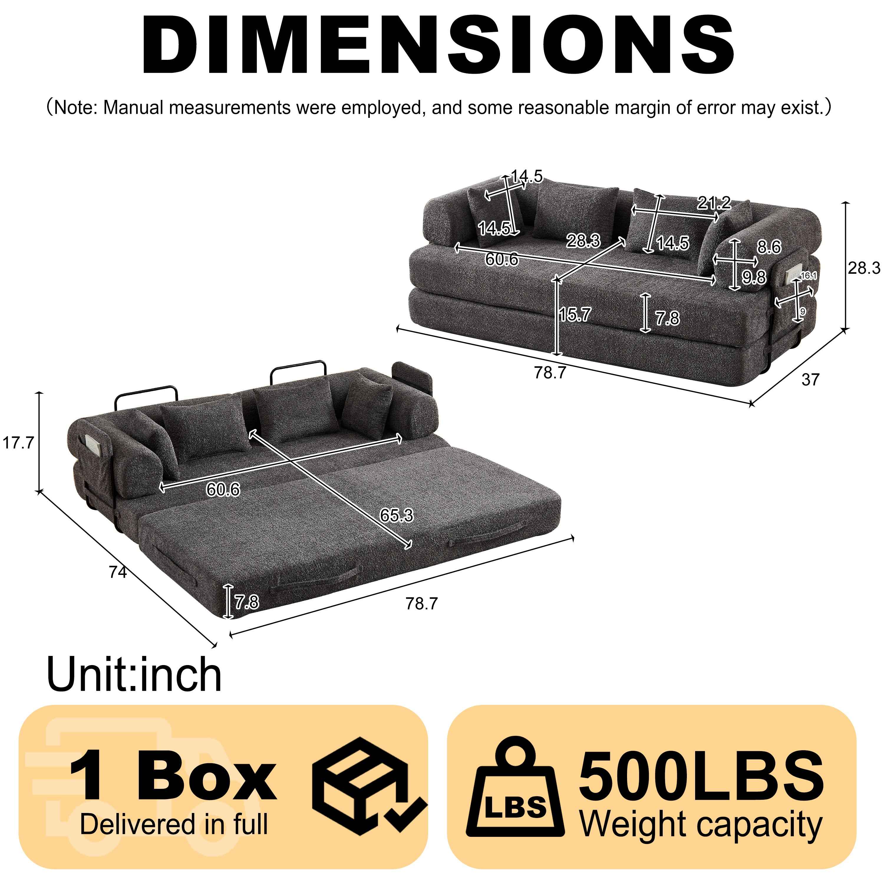 Grey Chenille Convertible Sleeper Sofa Bed with Cylindrical Pillow, Folding Mattress Couch with Side Pocket for Living Room Bedroom Lounge Studio