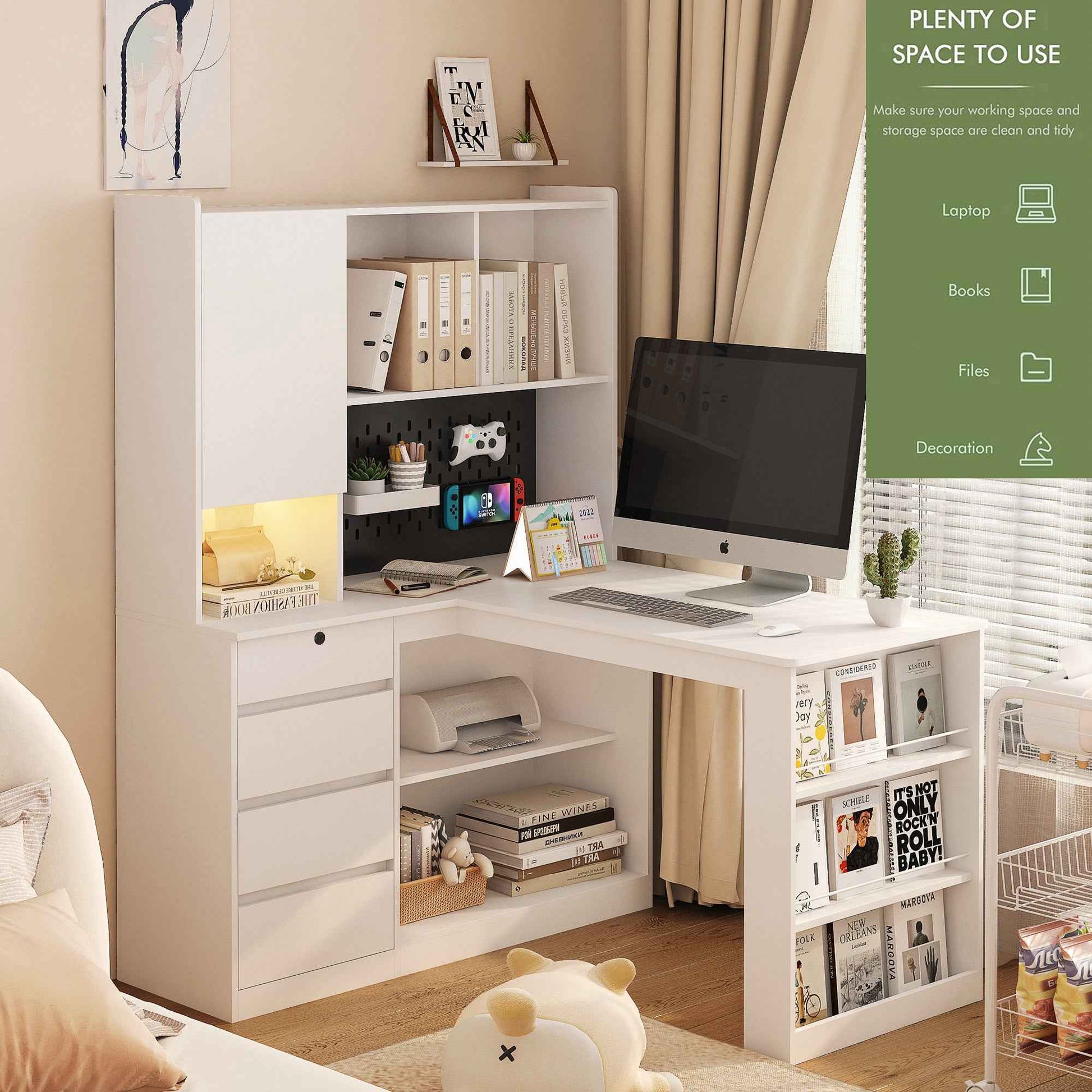 L Shaped Desk with Charger,Computer Desk with Drawers,Bookshelf,with LED Light,Modern Corner Desk,Home Office Desk,L-Shaped Study Table Writing Desk,Corner Gaming Computer Desk with Storage
