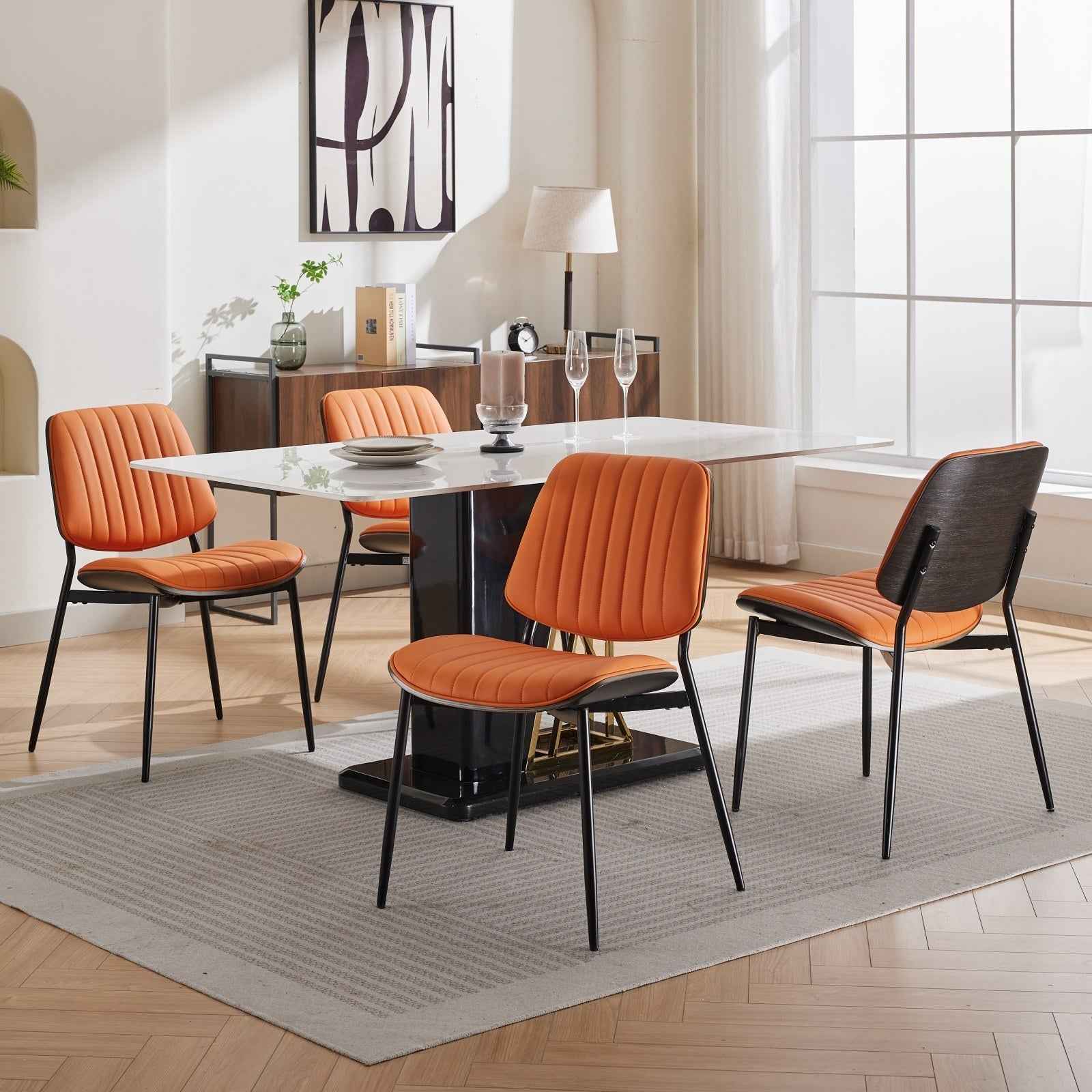 A&A Furniture, Dining Chairs Set of 2 Mid Century Modern Retro Faux Leather Chair with Walnut Bentwood Back Upholstered Seat Metal Legs Adjustable Foot for Kitchen Dining Room Chairs(Orange  PU)