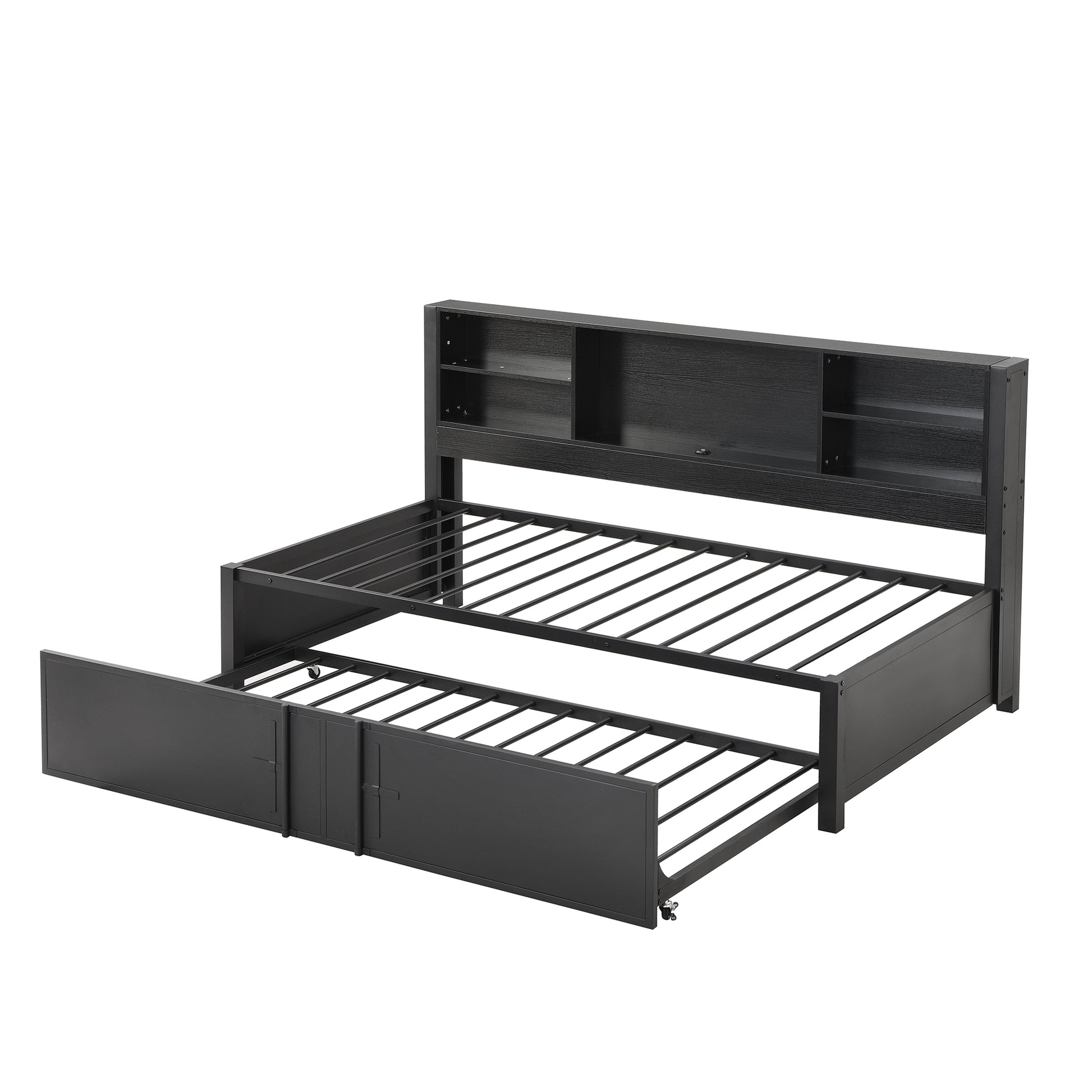Metal Twin Size Daybed with Twin Size Trundle, Storage Shelves and USB Ports, Black - Abrihome