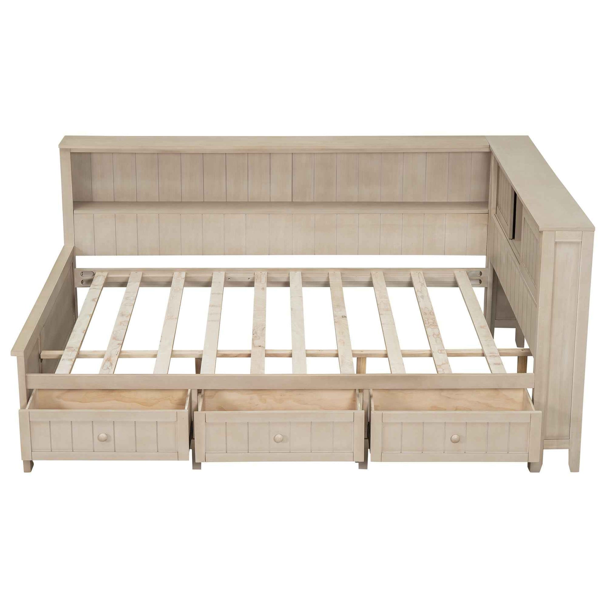 Full Size Wood Daybed with Storage Shelves and 3 Drawers in Antique White Milk Finish, Solid Pine Wood+MDF
