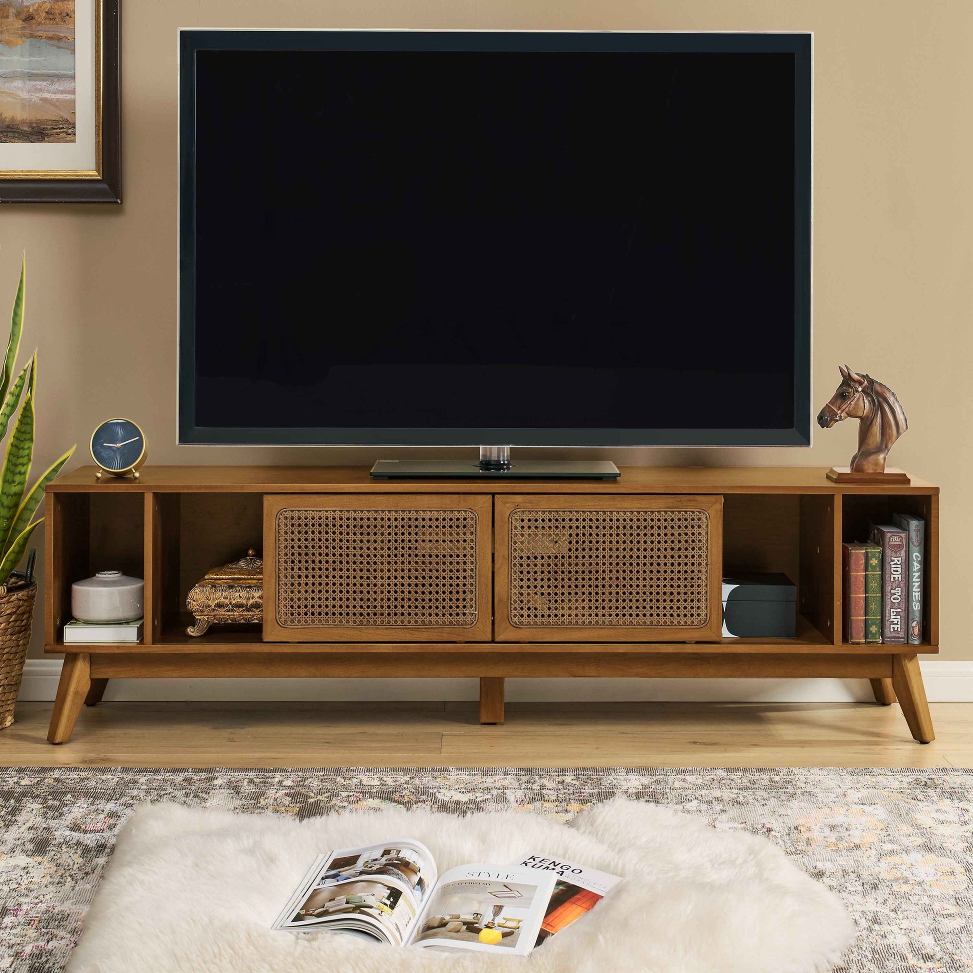 67.9 Inch Mid Century Modern Rattan TV Stand for TVs up to 75', Entertainment Cabinet, Media Console for Living Room Media Room, Solid Wood Feet & Rattan Cabinet Doors - Light Walnut