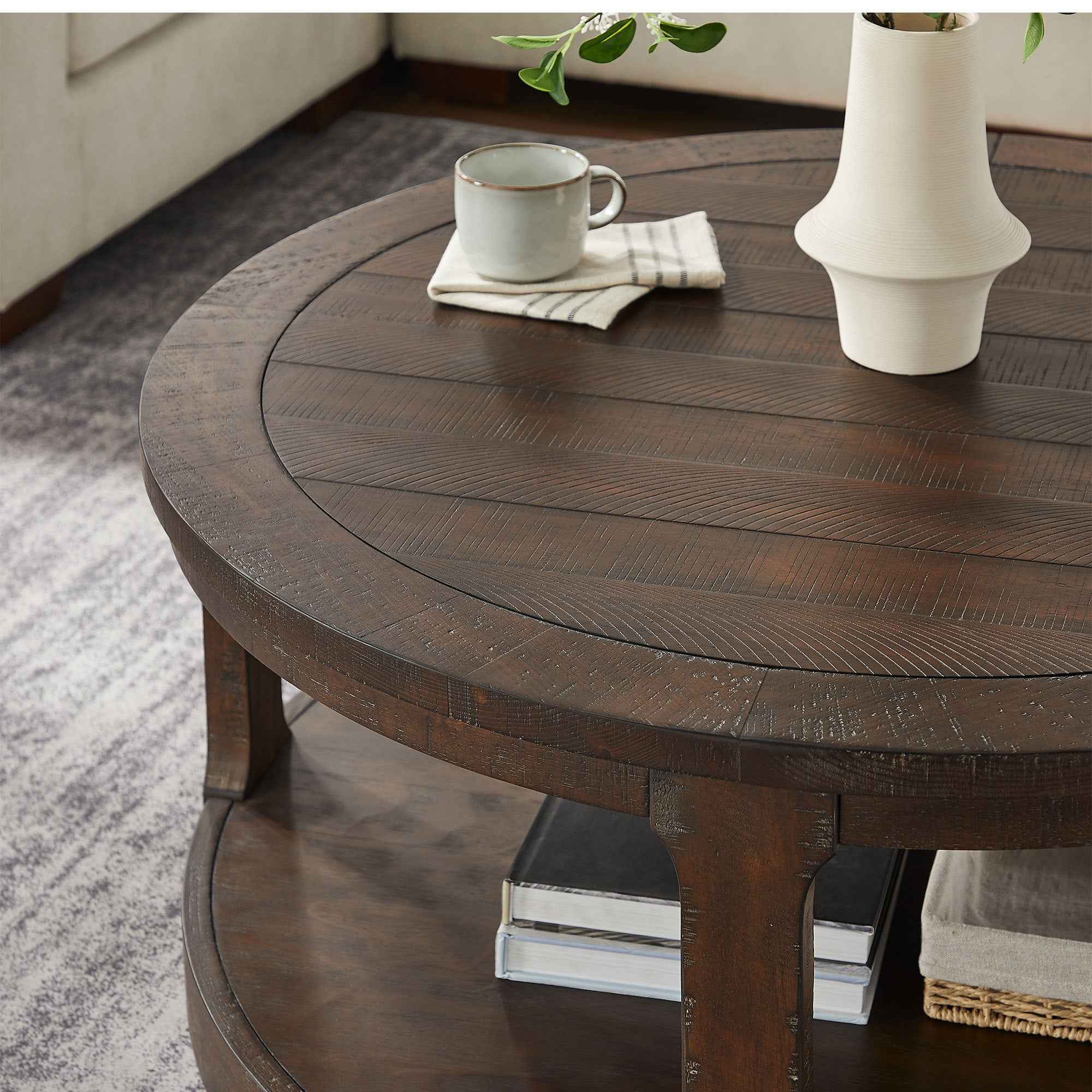 40inch Large Curved 2 Tier Traditional Round Circle Wooden Center Coffee Table,Mid Century Rounded Table with Wheels ,Rustic Style Table for living Room,Office,Apartment,Brown