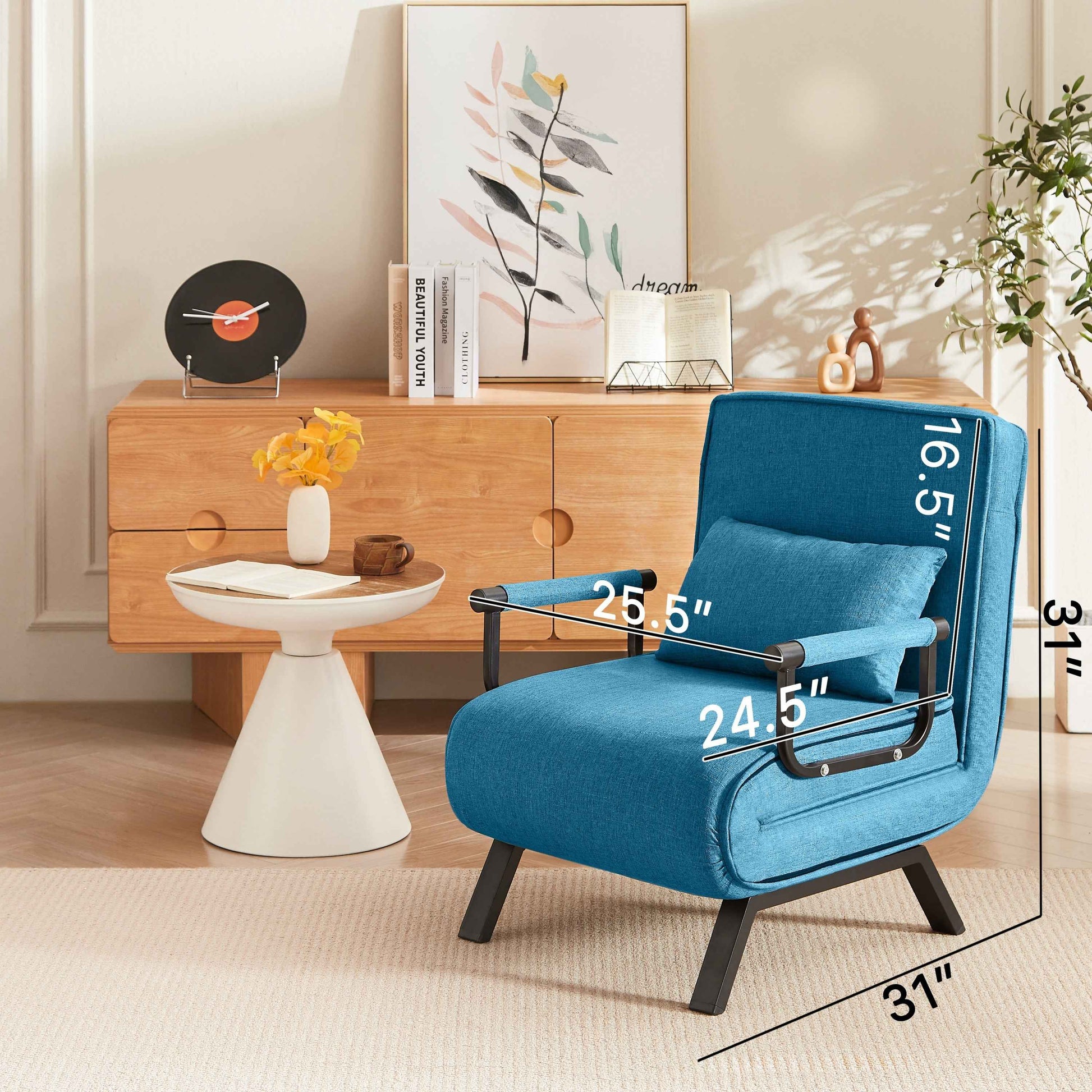 Convertible 5-in-1 Folding Chair Bed with Adjustable Backrest & Pillow in Blue Linen for Small Spaces