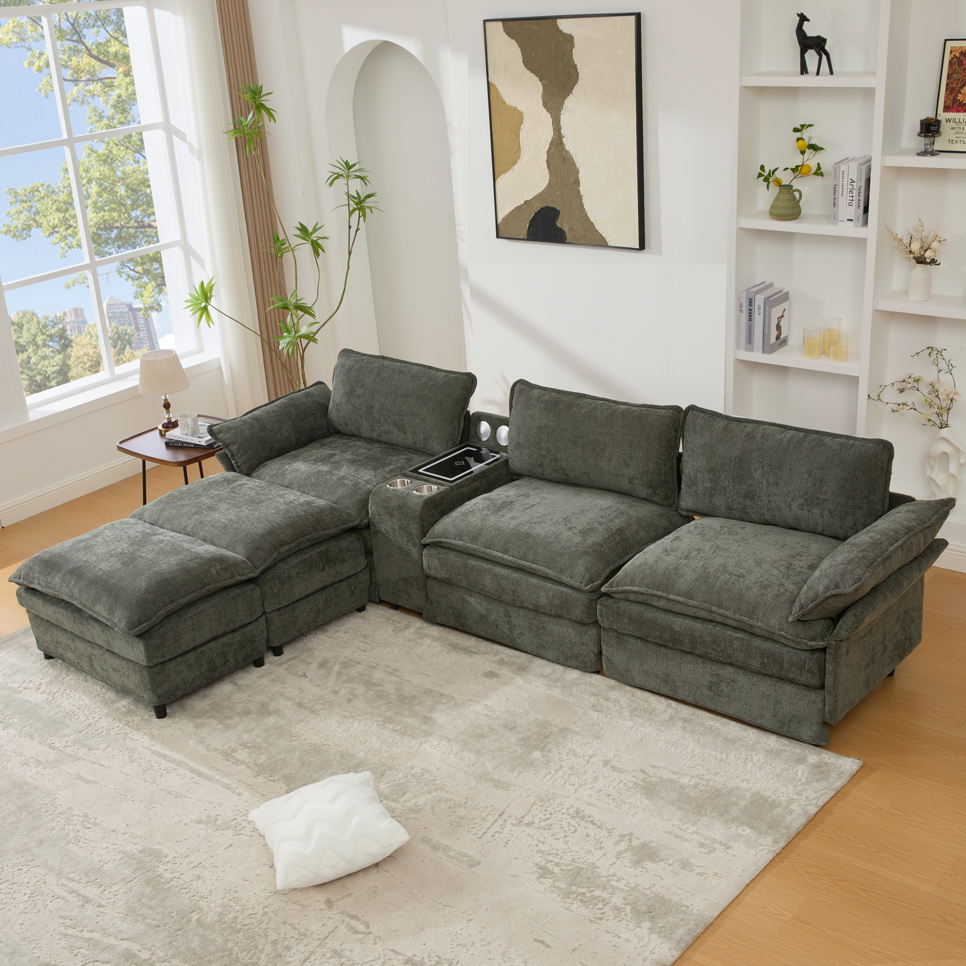[NEW ARRIVED] [VIDEO PROVIDED]U Shaped Modular Sectional Sofa,Storage Console & Wireless Charging,2 Cup Holders,Bluetooth Speakers,2 Movable Footstools,Adjustable handrail,Movable seat,Chenille,Green