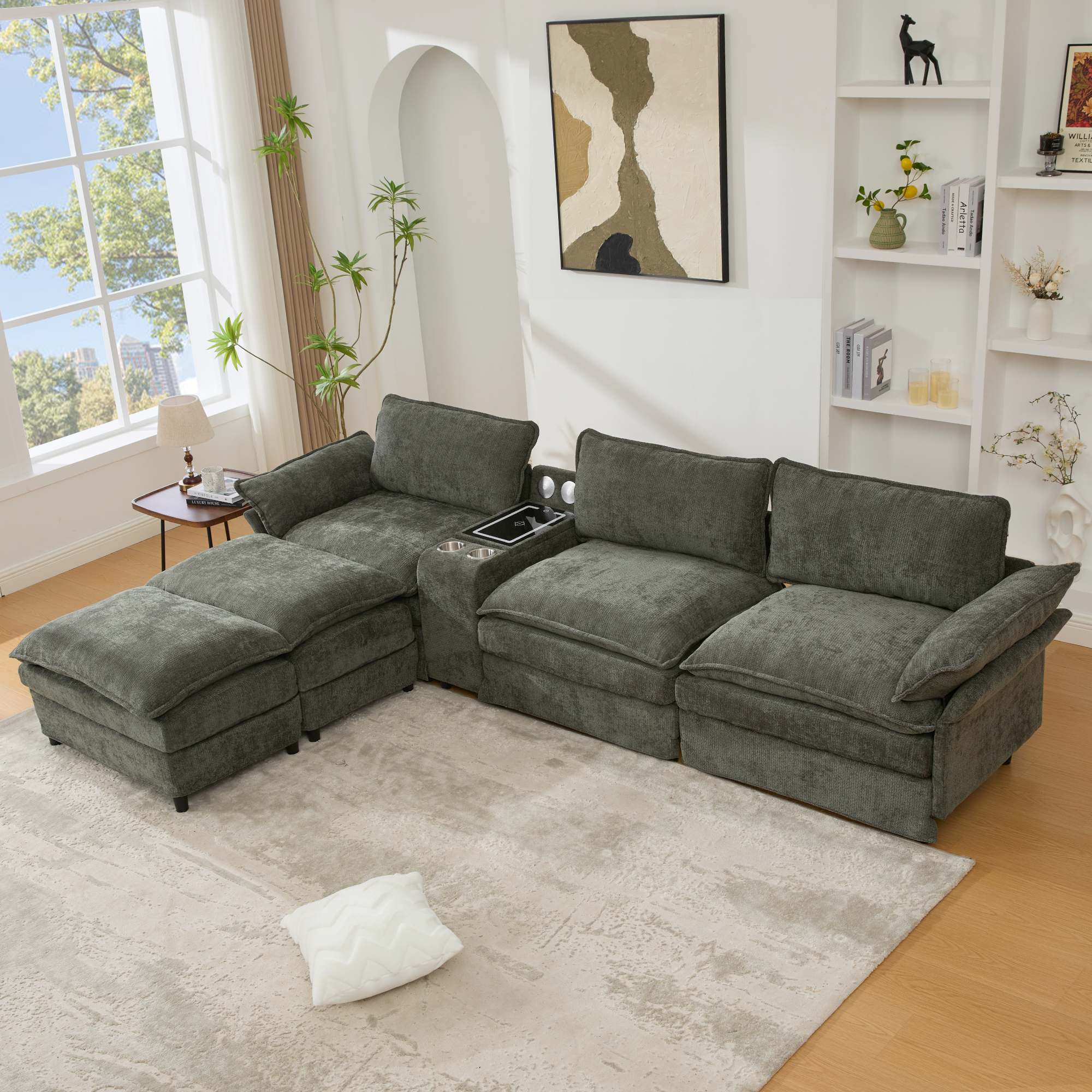 [NEW ARRIVED] [VIDEO PROVIDED]U Shaped Modular Sectional Sofa,Storage Console & Wireless Charging,2 Cup Holders,Bluetooth Speakers,2 Movable Footstools,Adjustable handrail,Movable seat,Chenille,Green