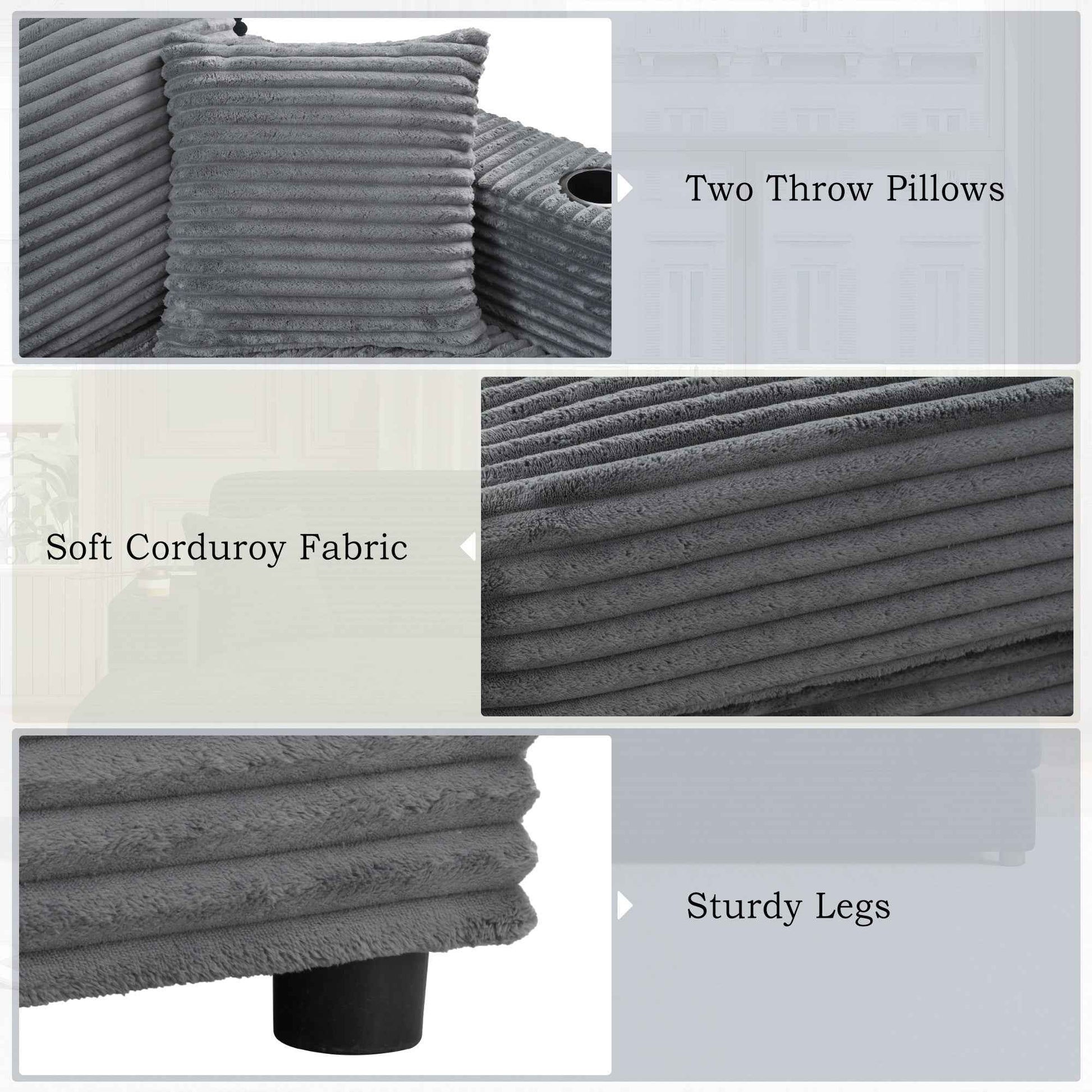 Oversized Loveseat Chaise Lounge Sectional Sofa Bed with USB Ports, Cup Holders, Throw Pillows, Dark Gray Corduroy, 86.5'