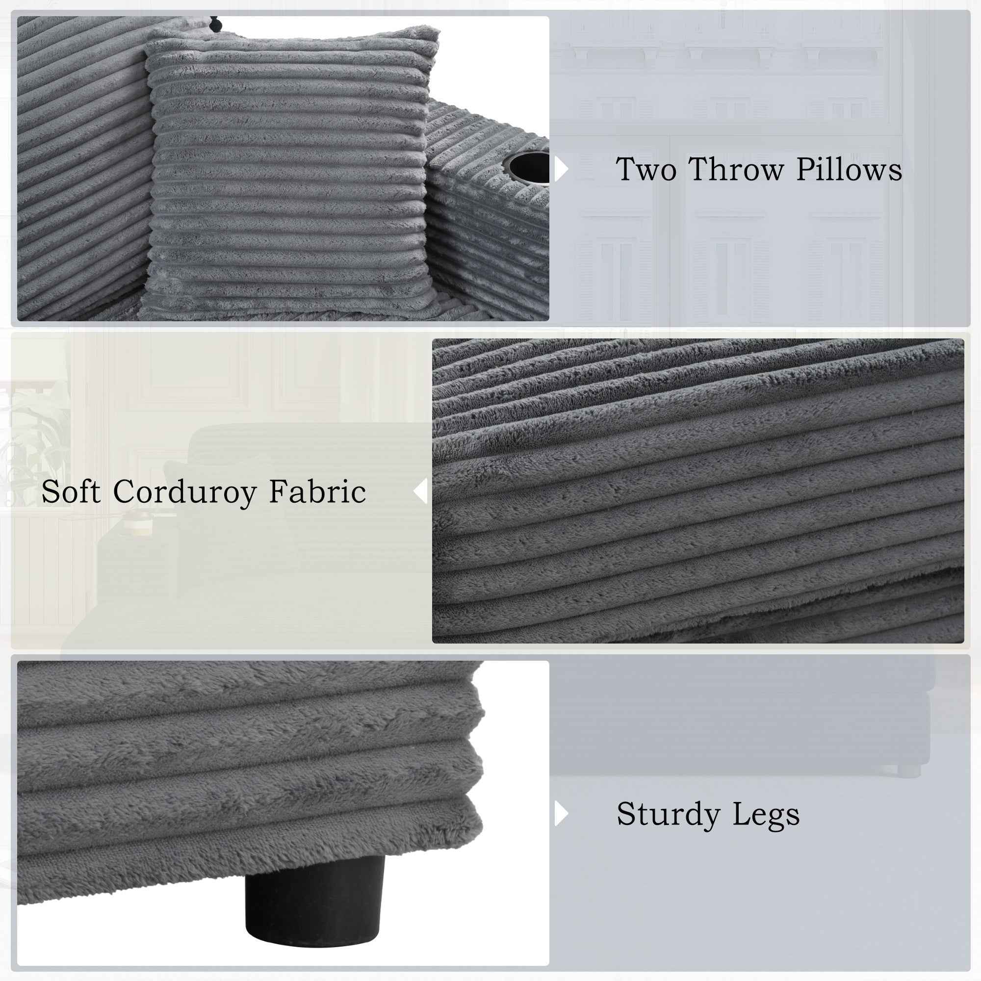 Oversized Loveseat Chaise Lounge Sectional Sofa Bed with USB Ports, Cup Holders, Throw Pillows, Dark Gray Corduroy, 86.5'
