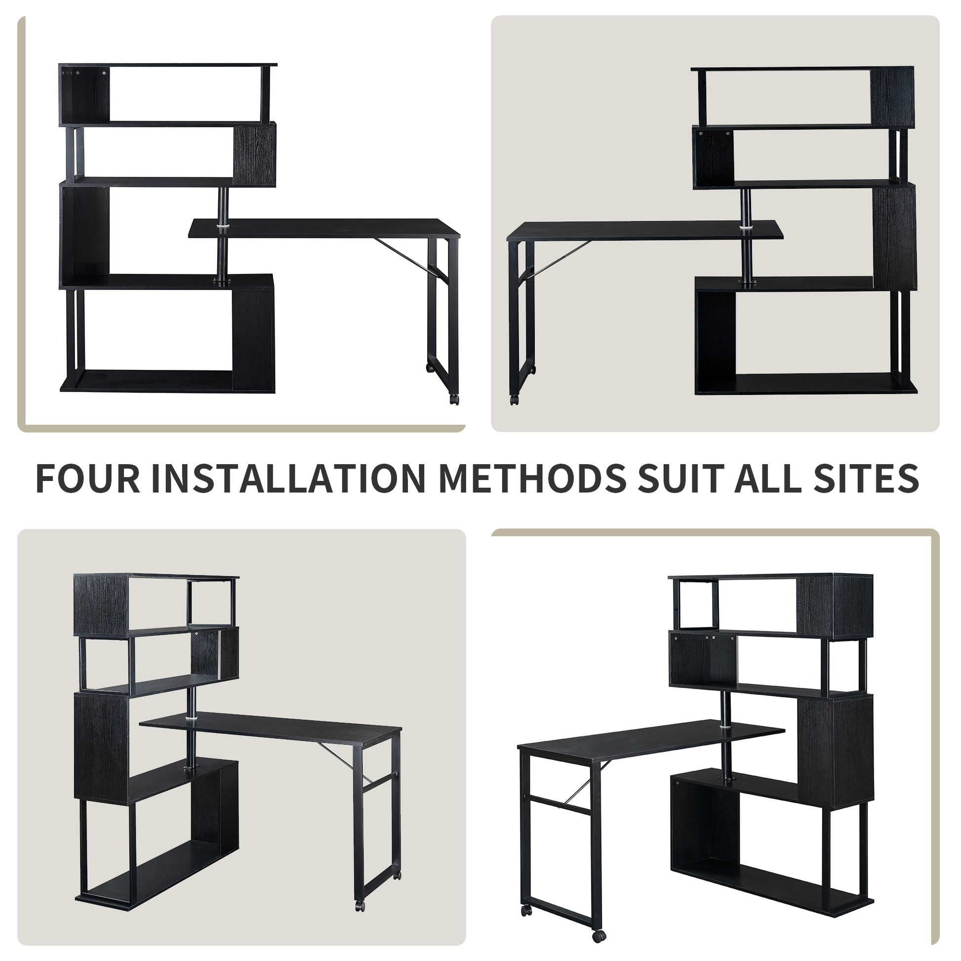 Home Office Computer Desk L-Shaped Corner Table, Rotating Computer Table with 5-Tier Bookshelf, Four Installation Methods, Lockable Casters (Black) - Abrihome