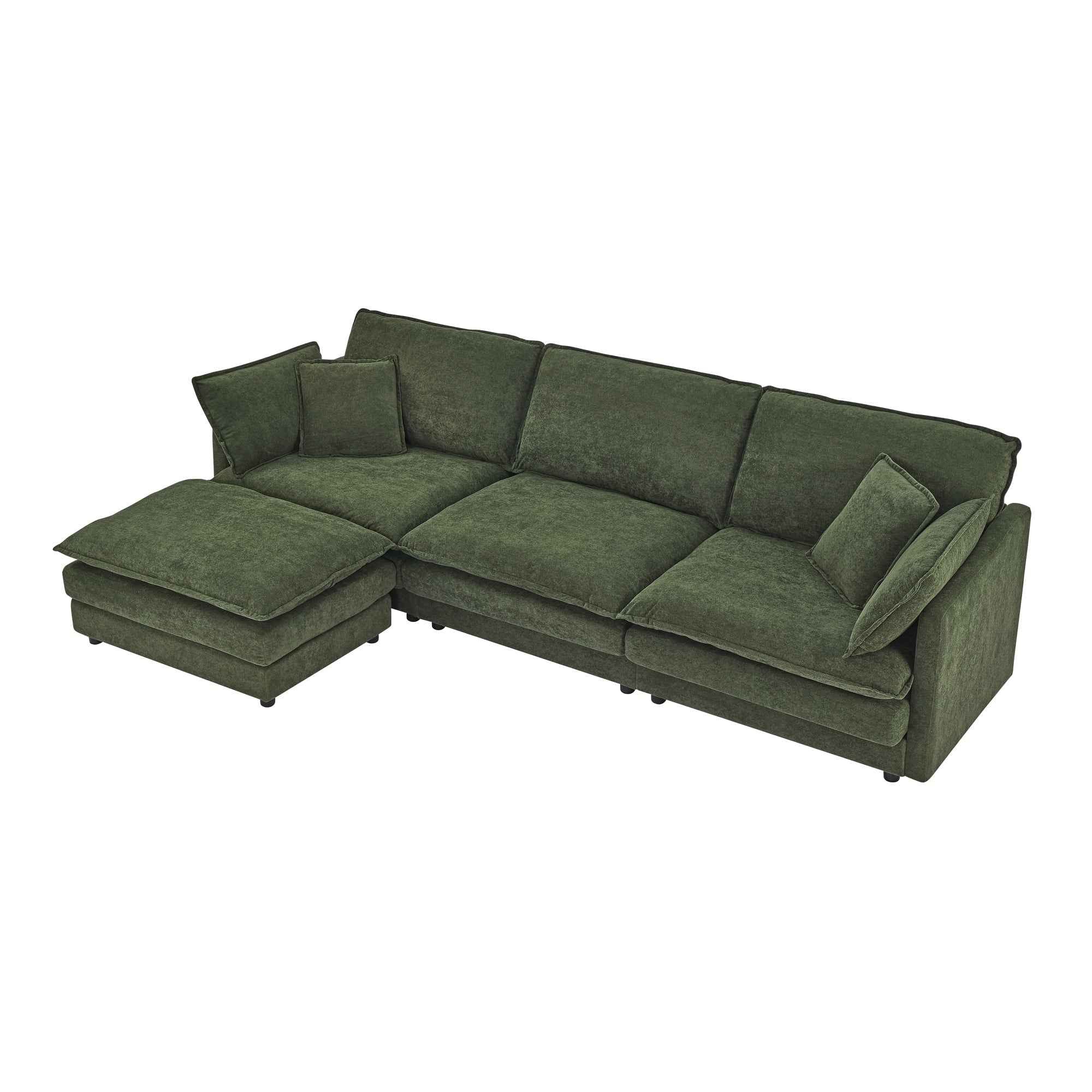 Modern Home Living Room L-Shaped Sectional Sofa Couches with Ottoman, Convertible Oversized 4 Seater Couch Towel Fabric, Green