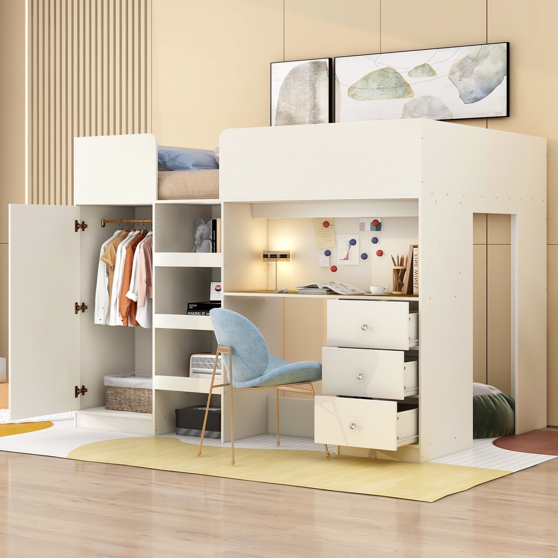 Wood Full Size Loft Bed with Built-in Wardrobe, Desk, Storage Shelves and Drawers, Beige - Abrihome