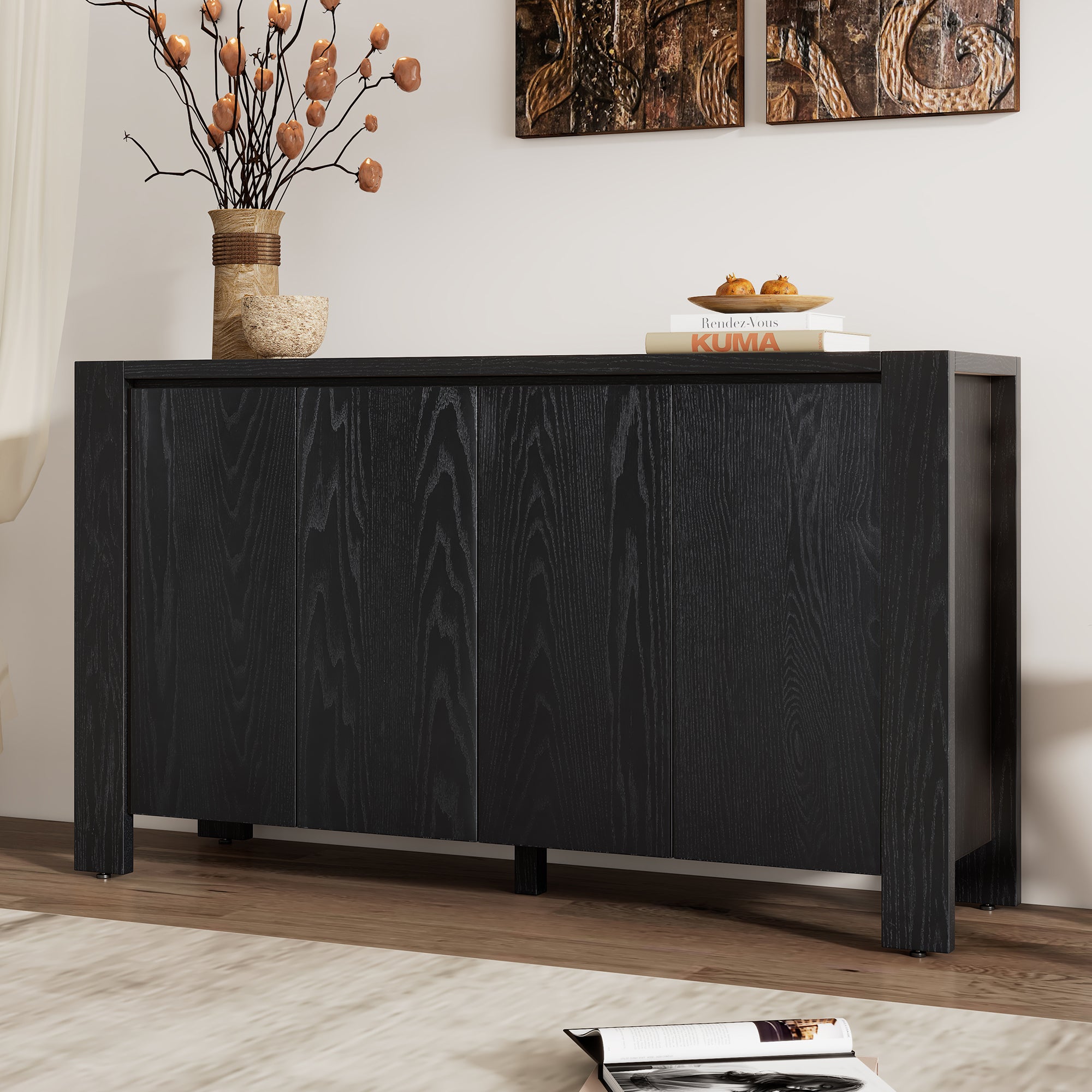 TREXM Retro 4-door Sideboard with Distressed Finish and Adjustable Shelves for Dining Room, Kitchen, and Living Room (Black)