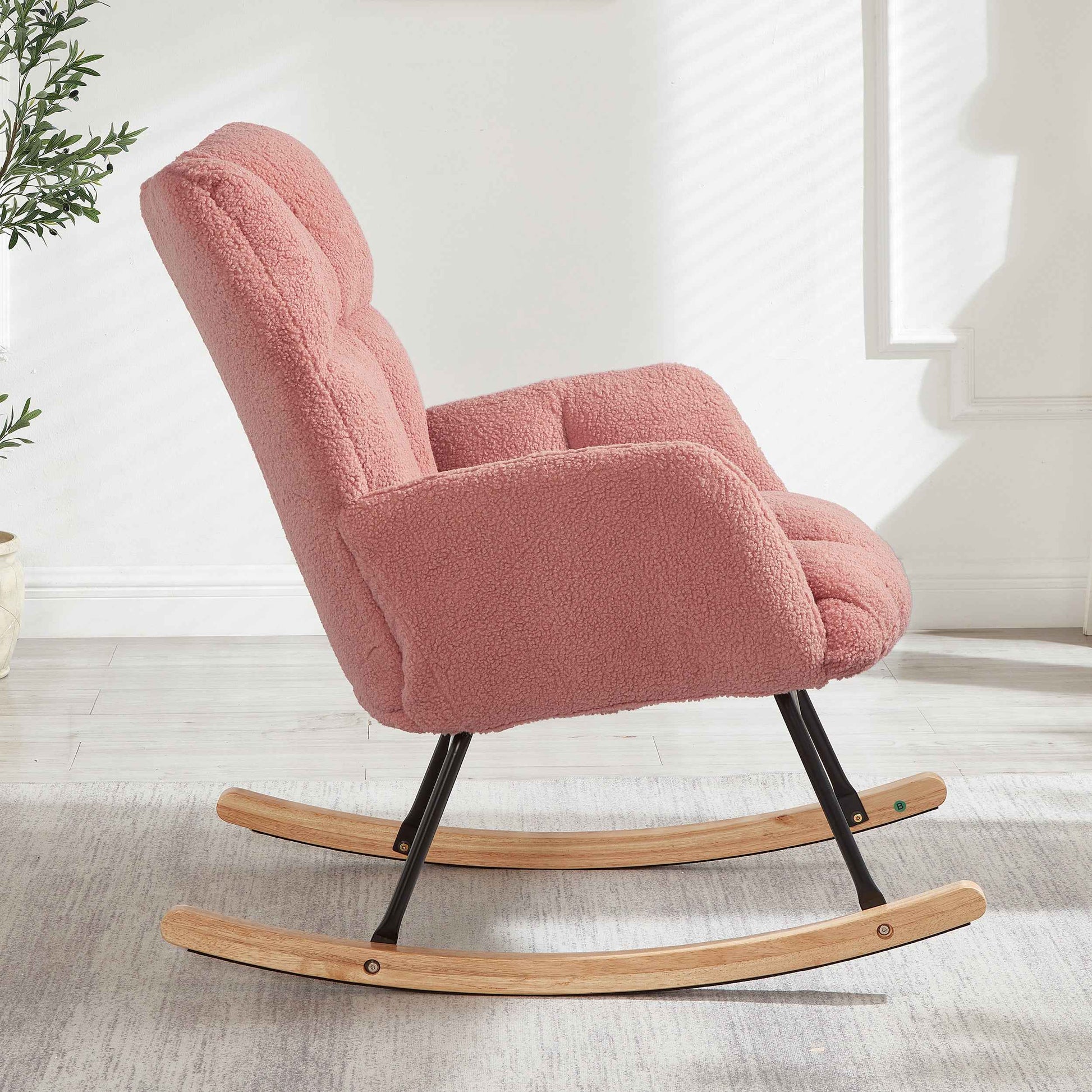 Glider Chair for Living Room Tufted Upholstered Teddy Fabric Rocking Chair with Metal Frame Accent Chair Pink