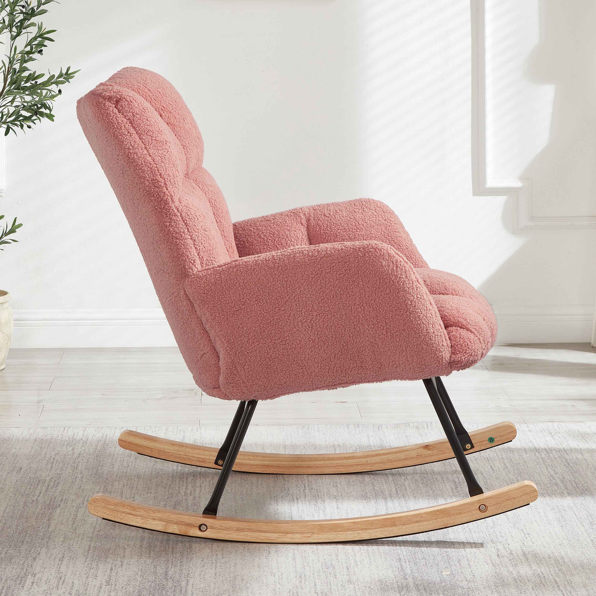 Glider Chair for Living Room Tufted Upholstered Teddy Fabric Rocking Chair with Metal Frame Accent Chair Pink