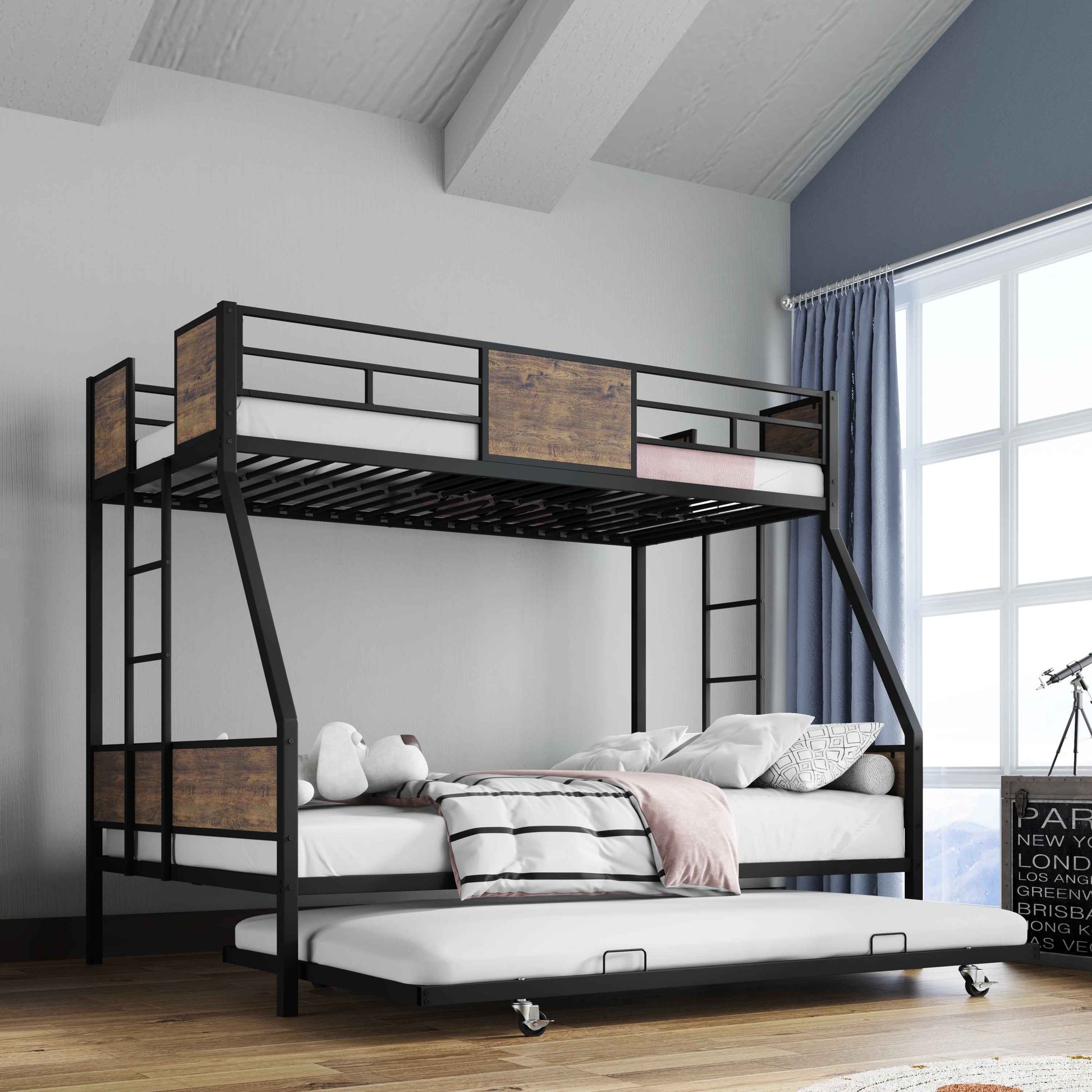 Twin Over Full Bunk Beds with Trundle, Metal Bunk Bed Frame with Safety Guardrail and 2 Ladder for Kids,Sturdy Metal Frame and Protective Board Supports, No Box Spring Needed, Easy Assembly