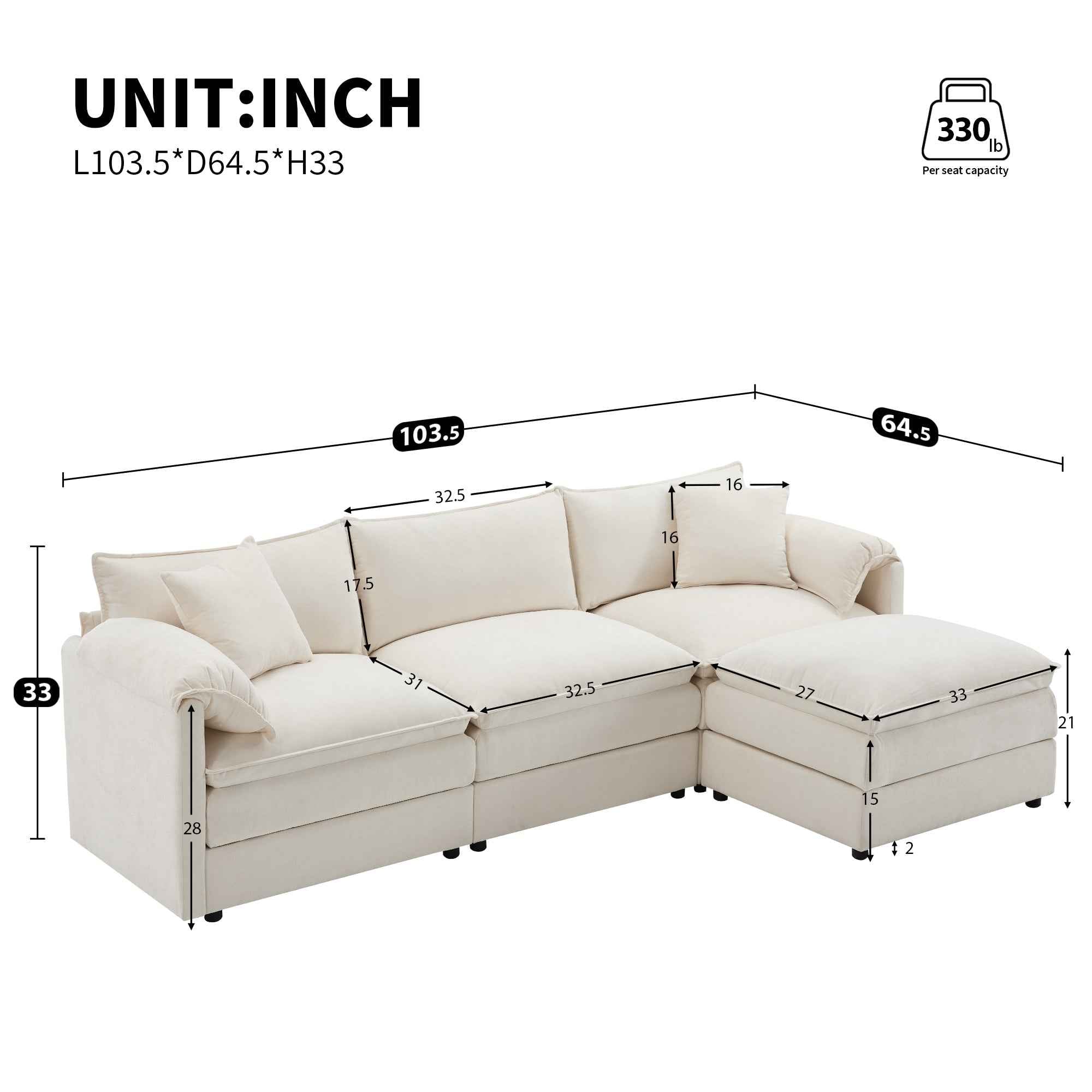 Chenille Modular Sectional Sofa with Deep Seat and Movable Ottoman in Cream