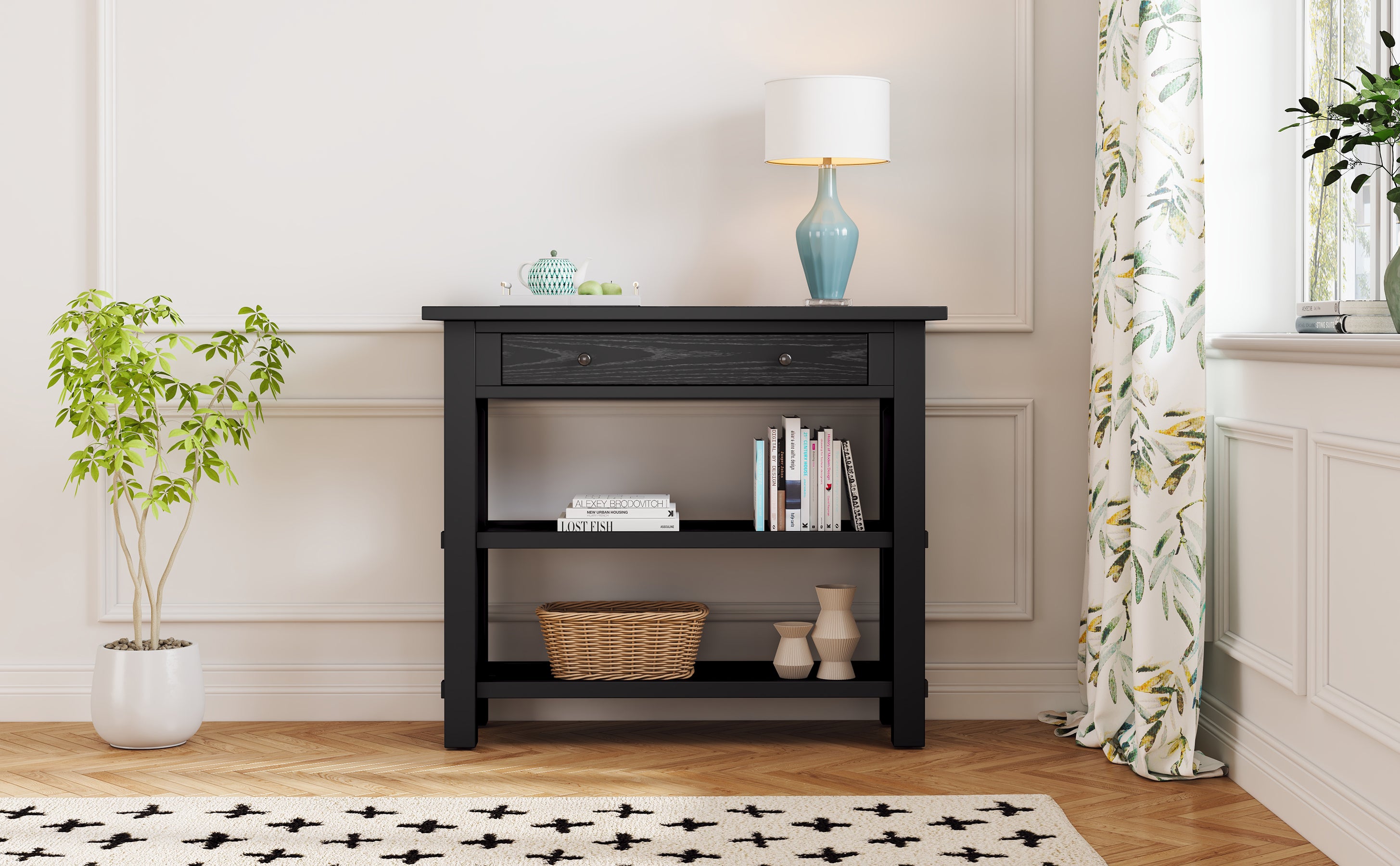 TREXM Retro Console Table with Drawer and Two Sturdy Shelves for Entryway, Living Room (Black)