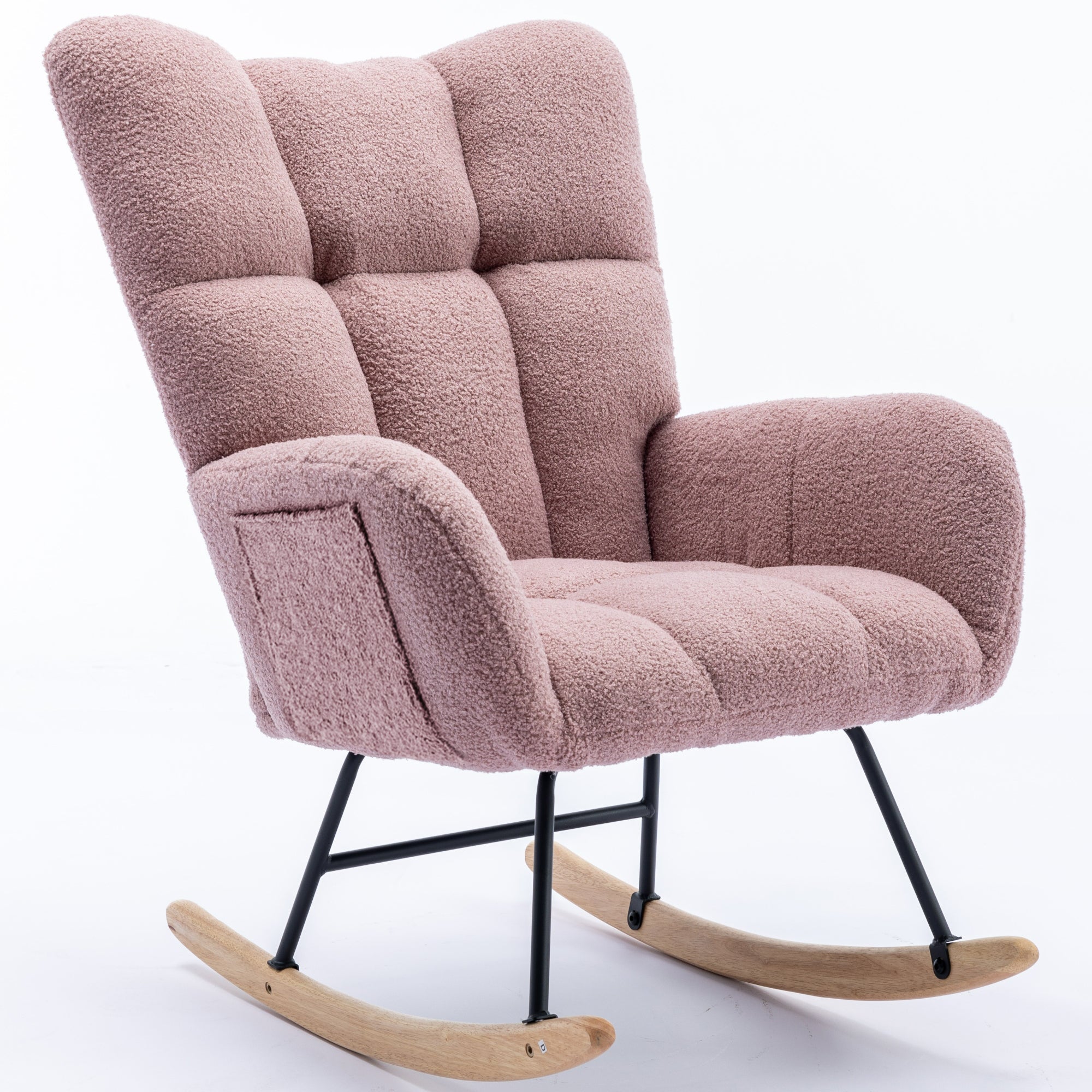 Rocking Chair with Pocket, Soft Teddy Fabric Rocking Chair for Nursery, Comfy Wingback Glider Rocker with Safe Solid Wood Base for Living Room Bedroom Balcony (pink)