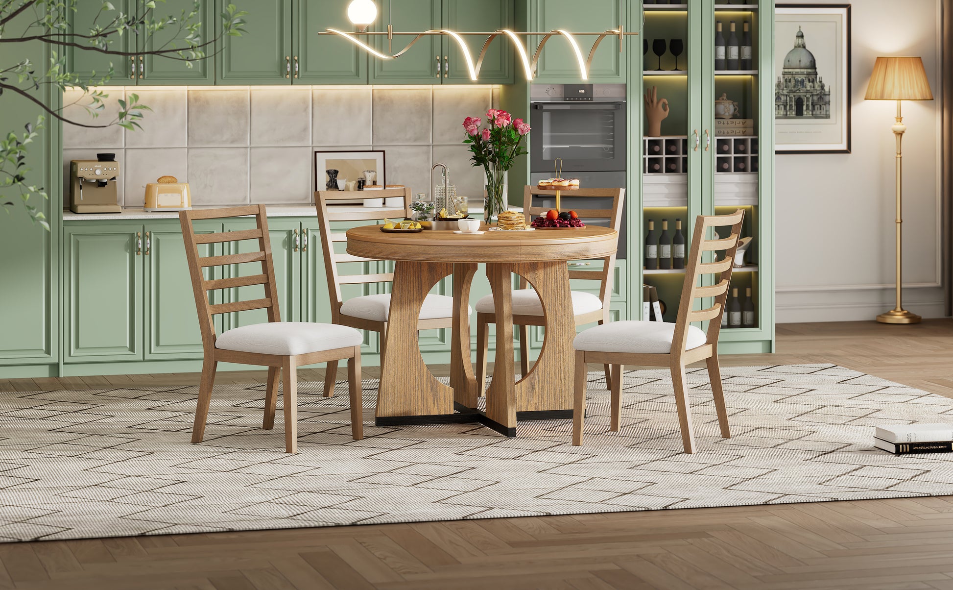 TREXM 5-Piece Retro Rustic Functional Dining Set Unique Geometric Design, 1 Extendable Table with a 16-inch Leaf and 4 Upholstered Chairs Ideal for Dining Room and Kitchen (Natural) - Abrihome
