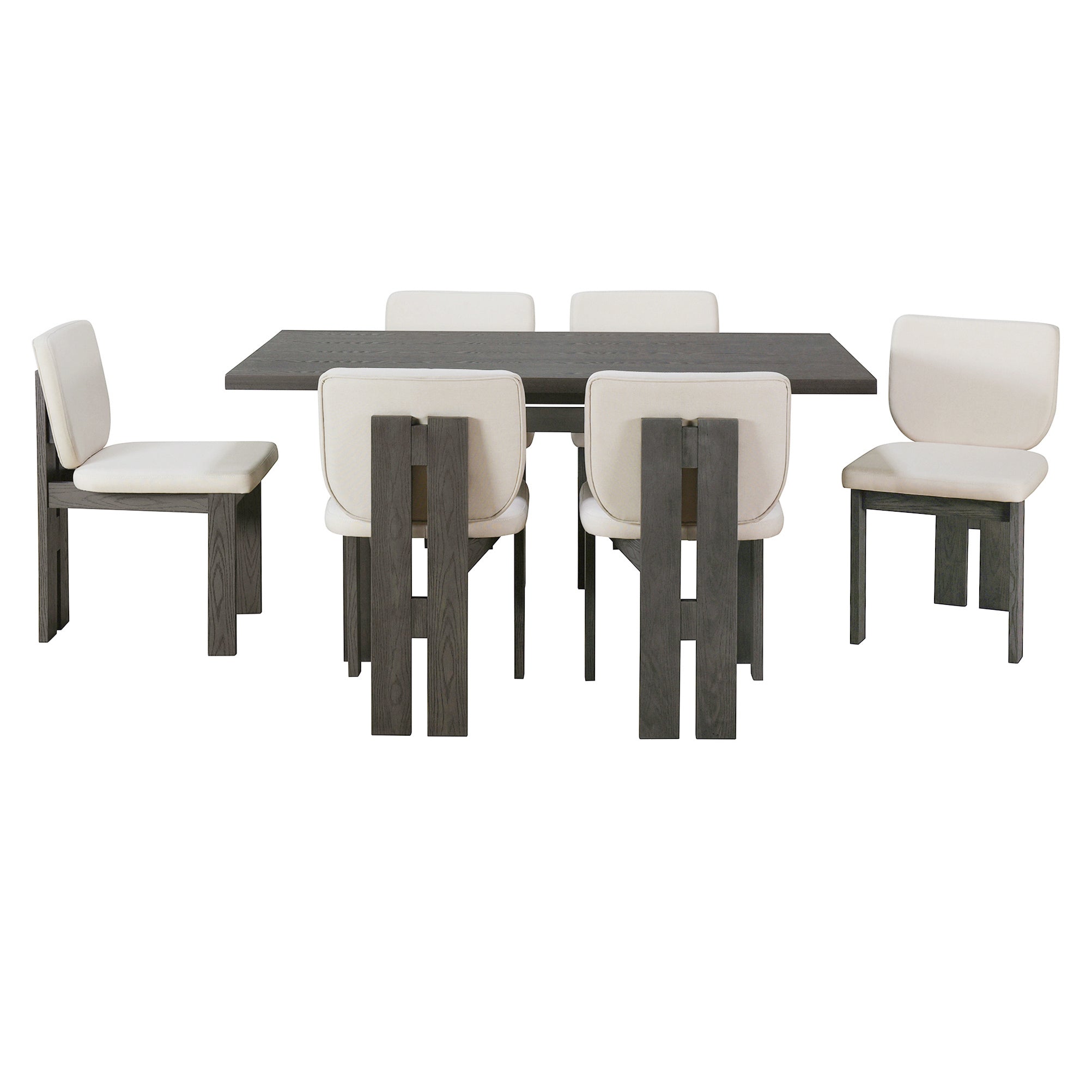 TREXM 7-Piece Retro Dining Set, 1 Rectangular Table with Designed Trestle Base and 6 Upholstered Chairs for Dining Room and Kitchen (Grey)