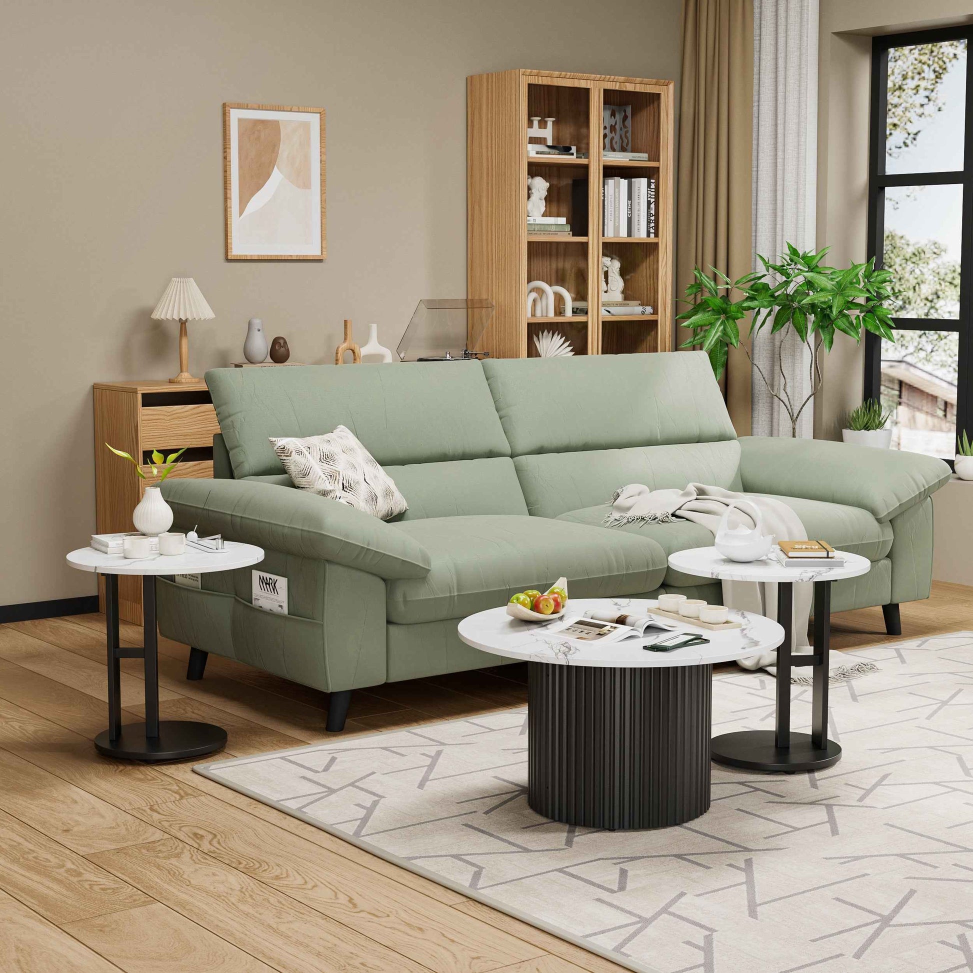 Coffee Table Set of 3, Modern Nesting Coffee Tables with Faux Marble Top and Metal Legs, Round Coffee & Side Tables with Ribbed Design for Living Room, Small Space Apartment