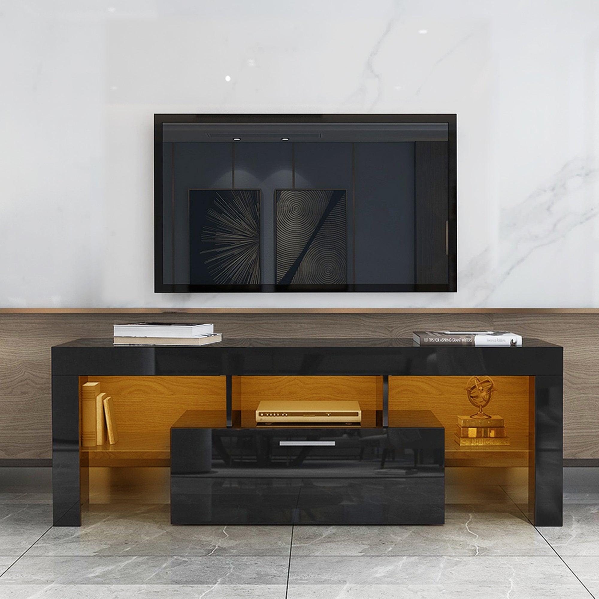 FashionTVstandTVcabinet,EntertainmentCenter,TVstationTV console,media console,with LEDlight belt,light belt remote control,toughenedglassshelf,metal handle,Canbeplaced in the living room,bedroom,black