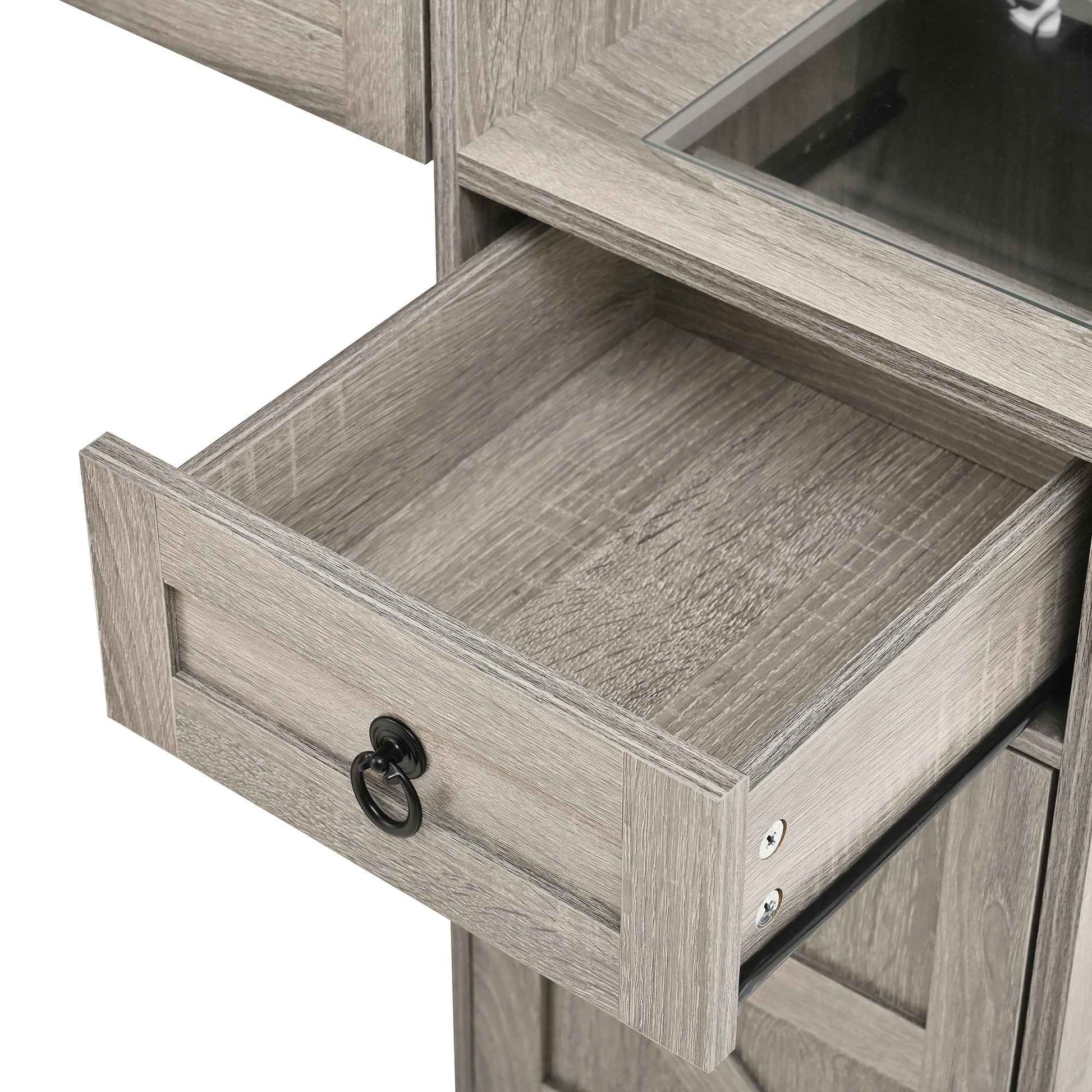 Farmhouse Vanity Desk with Sliding Mirror and Lights, Vanity Set with Glass Top and Charging Station ,Dressing Table with 4 Drawers and 2 Cabinets, Dressing Table with Stool for Bedroom, Gray