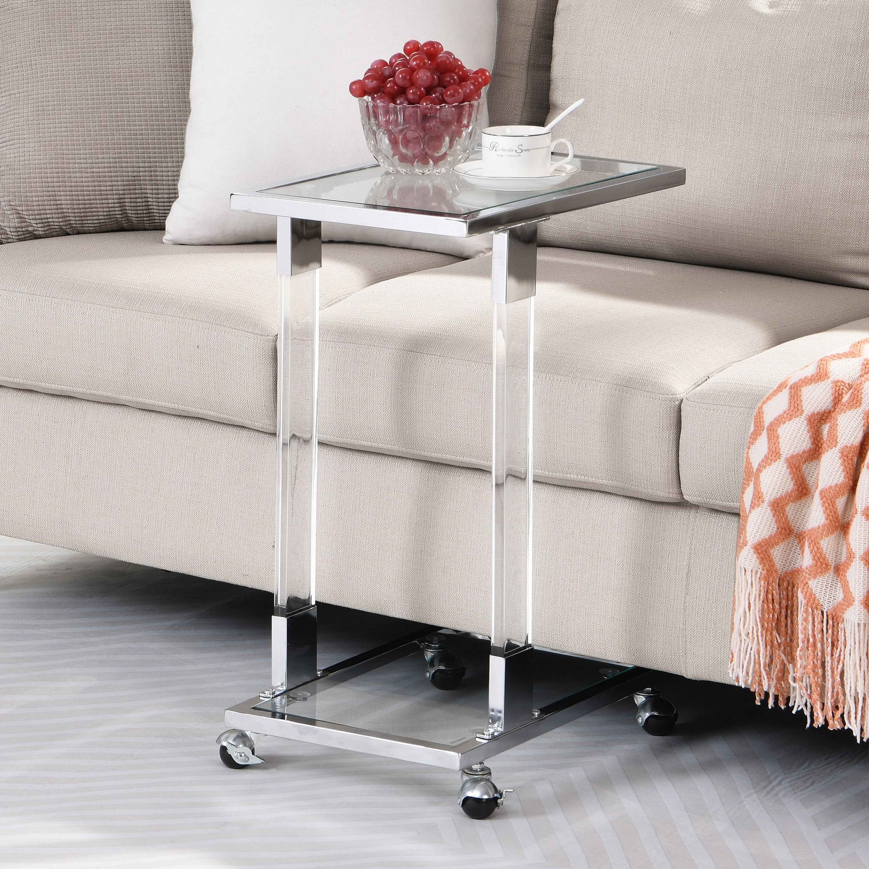 Modern Chrome Glass Side Table with Acrylic and Metal Base for Living Spaces
