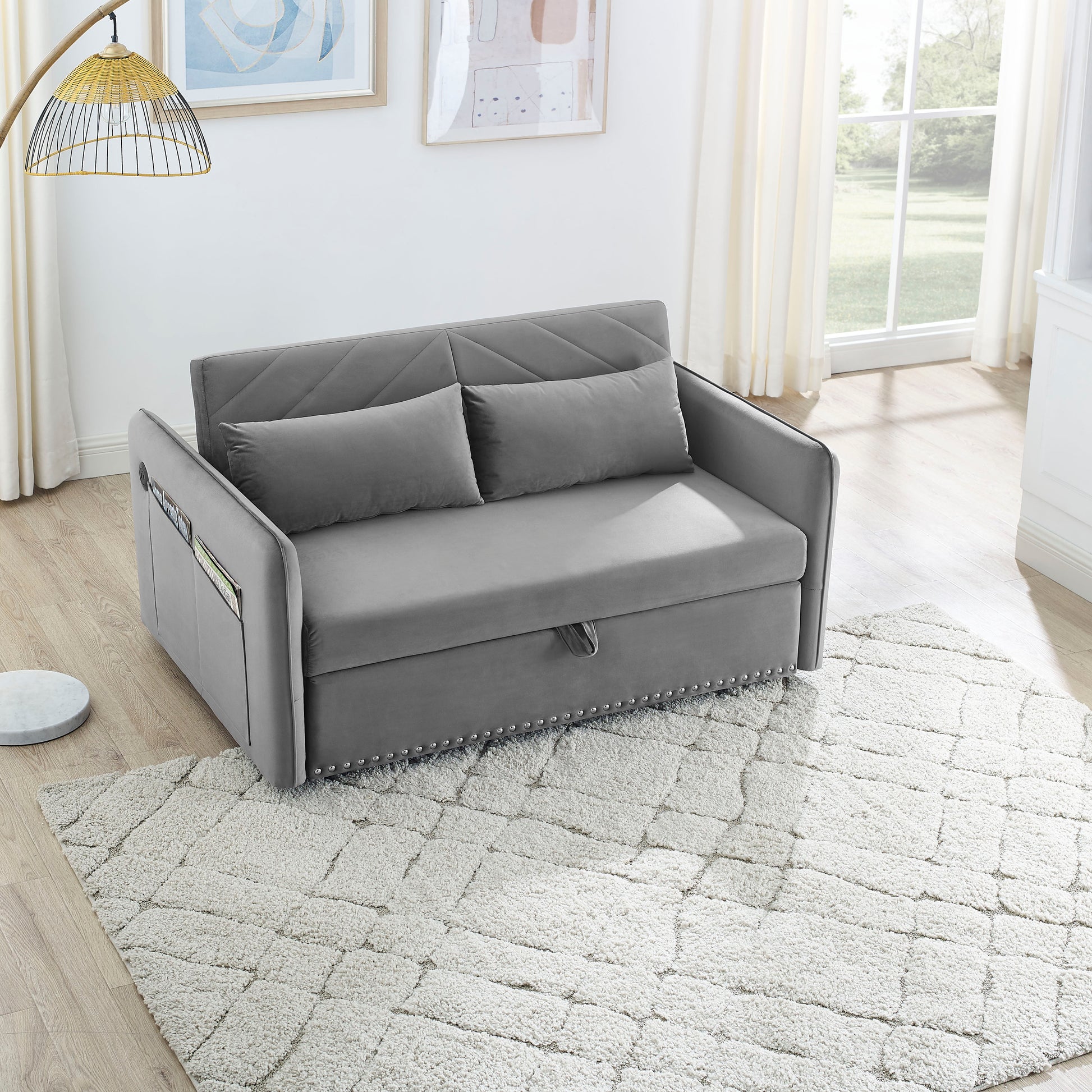 MH' Sleeper Sofa Bed w/USB Port, 3-in-1 adjustable sleeper with pull-out bed, 2 lumbar pillows and side pocket, soft velvet convertible sleeper sofa bed, suitable for living room bedroom - Abrihome