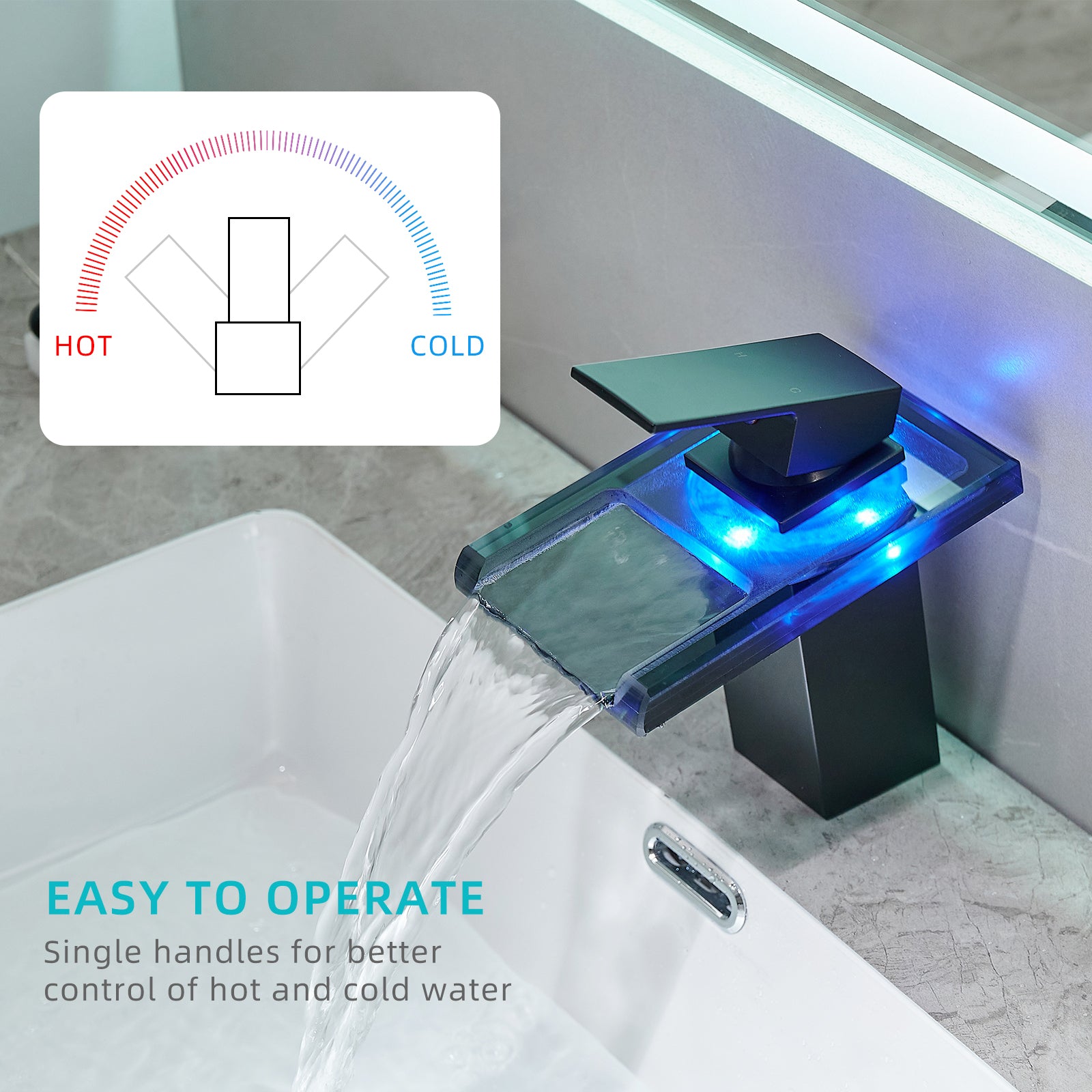 Bathroom Sink Faucet LED Light 3 Colors Changing Waterfall Glass Spout Hot Cold Water Mixer Single Handle One Hole Deck Mounted Bathroom Faucet Black Lavatory Vanity Basin Bath Plumbing Fixtures