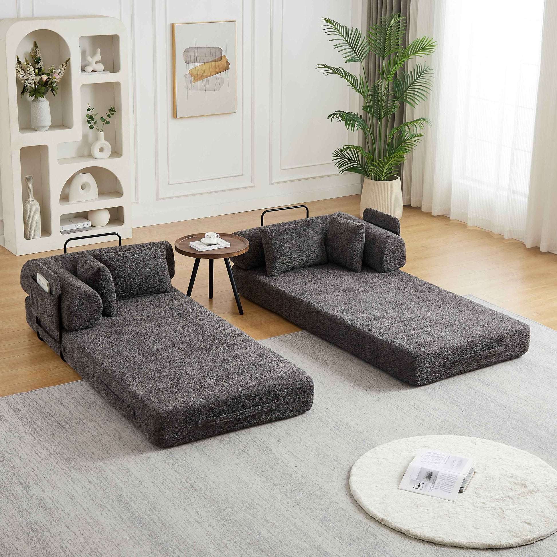 78.7-Inch Convertible Sleeper Sofa Bed with Cylindrical Pillow, Chenille Folding Mattress Couch with ,Folding Sofa Bed with Side Pocket, Floor Sofa Lounge Couch for Living Room Bedroom Lounge Studio