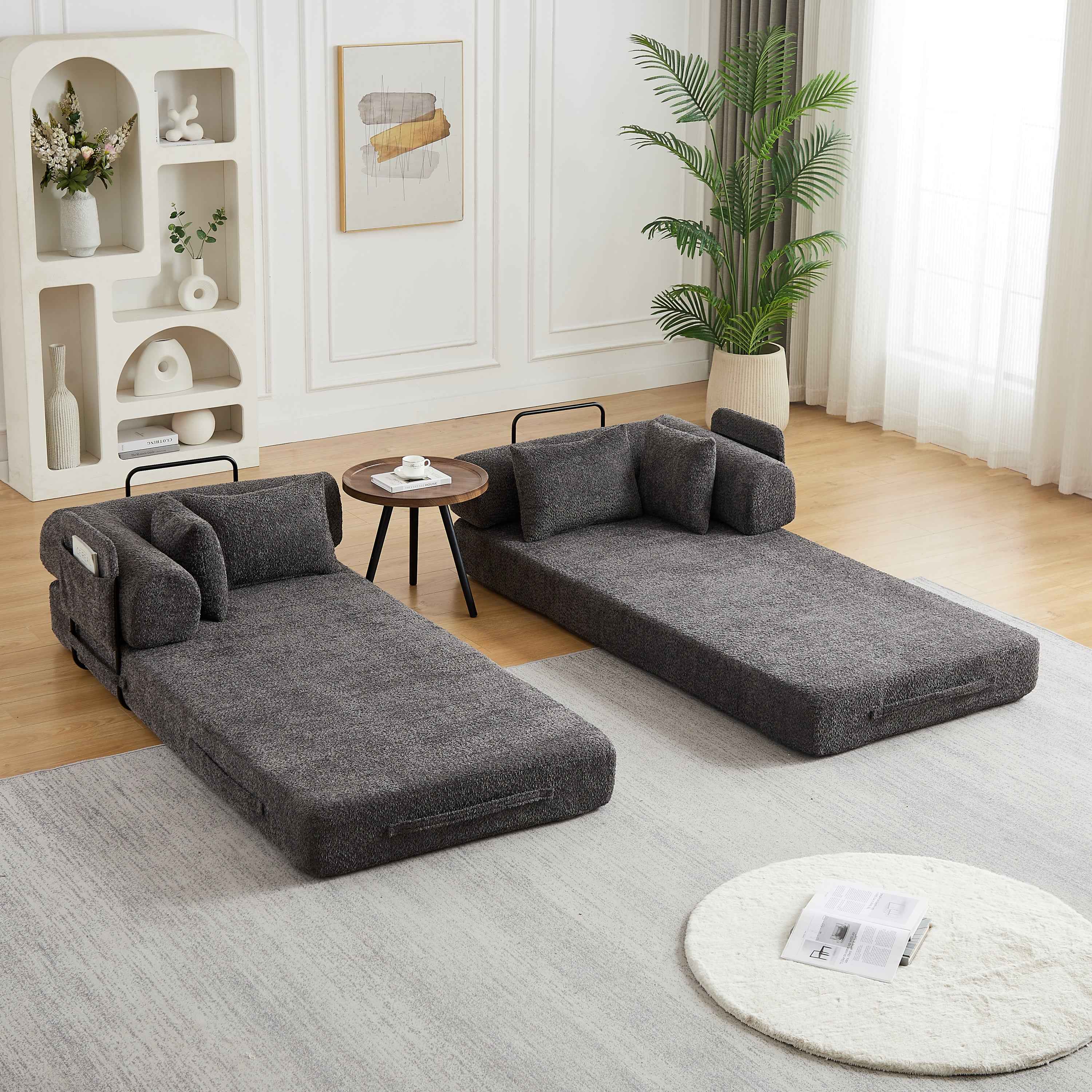 78.7-Inch Convertible Sleeper Sofa Bed with Cylindrical Pillow, Chenille Folding Mattress Couch with ,Folding Sofa Bed with Side Pocket, Floor Sofa Lounge Couch for Living Room Bedroom Lounge Studio