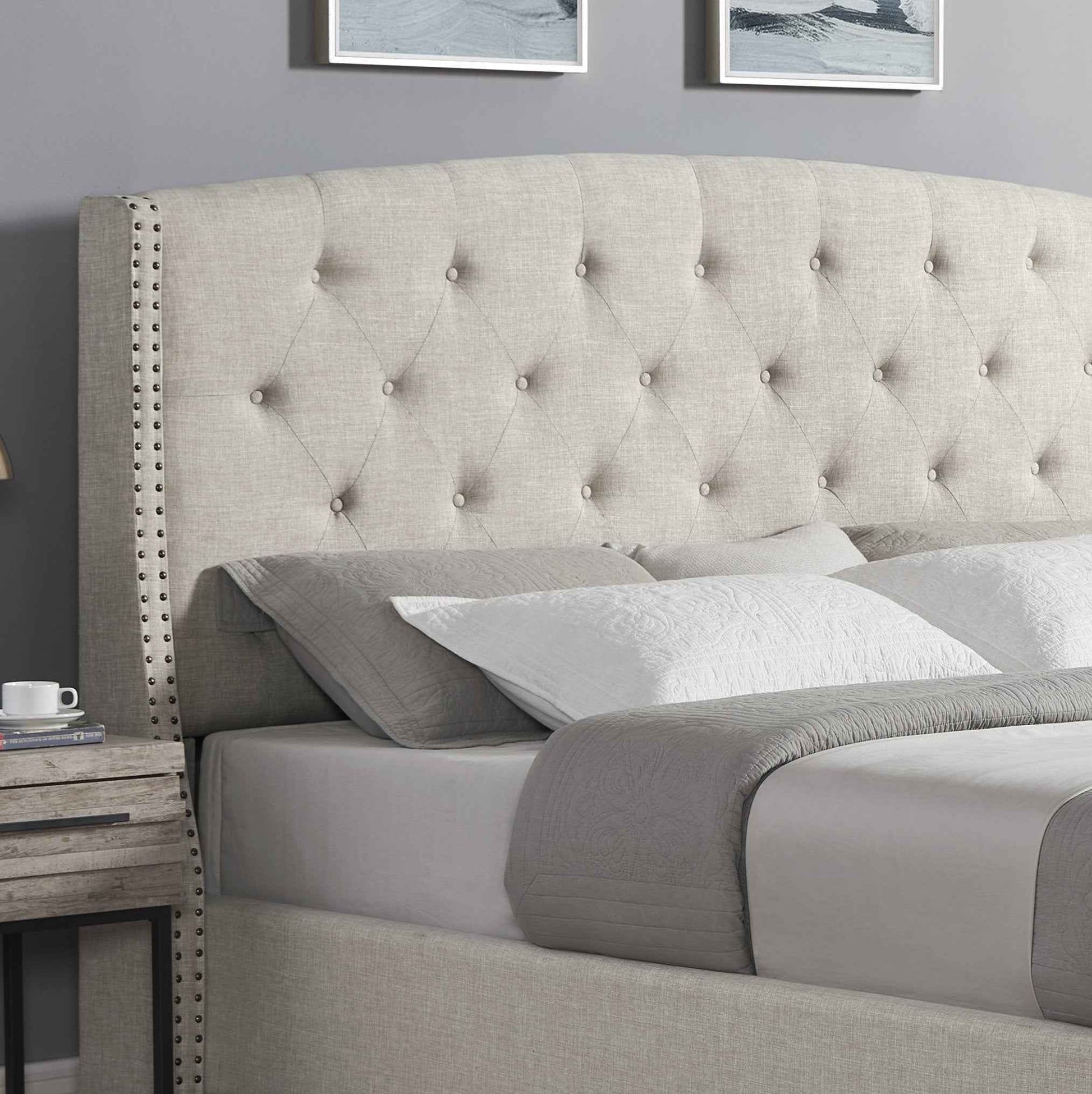 Nantarre Fabric Button Tufted Wingback Upholstered Bed with Nail Head Trim, Beige
